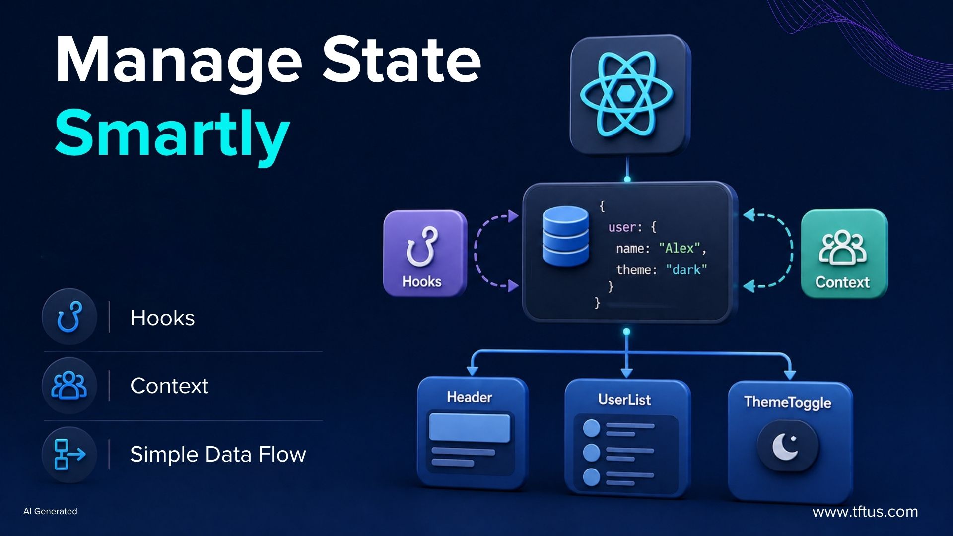 Illustration explaining React state management using Hooks, Context API, and a simplified data flow to create predictable and maintainable applications.
