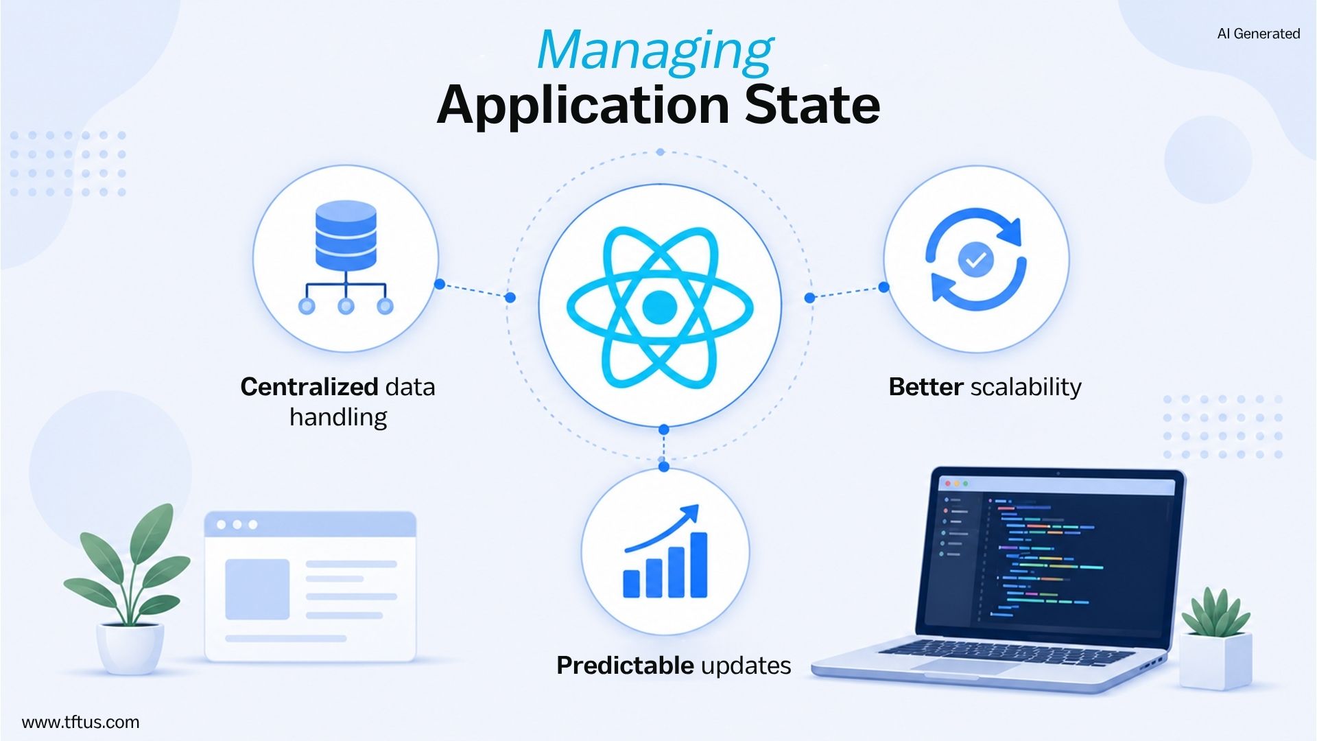 Infographic showing React application state management benefits, including centralized data handling, predictable updates, and improved scalability.
