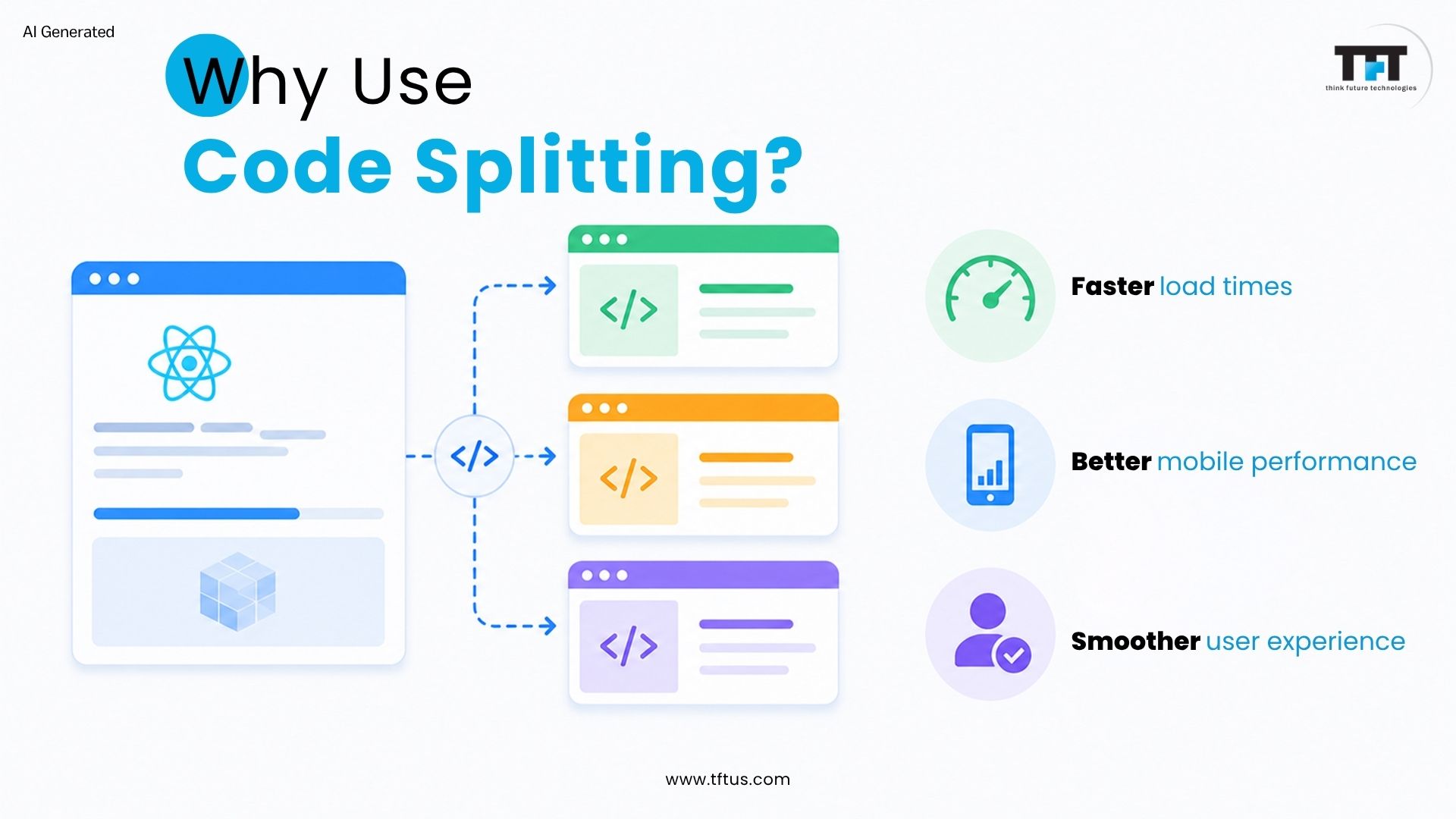 Code Splitting Benefits in ReactJS: Improve Performance & Load Speed 5 Infographic highlighting the benefits of ReactJS code splitting, including faster page load times, better mobile performance, and a smoother user experience.