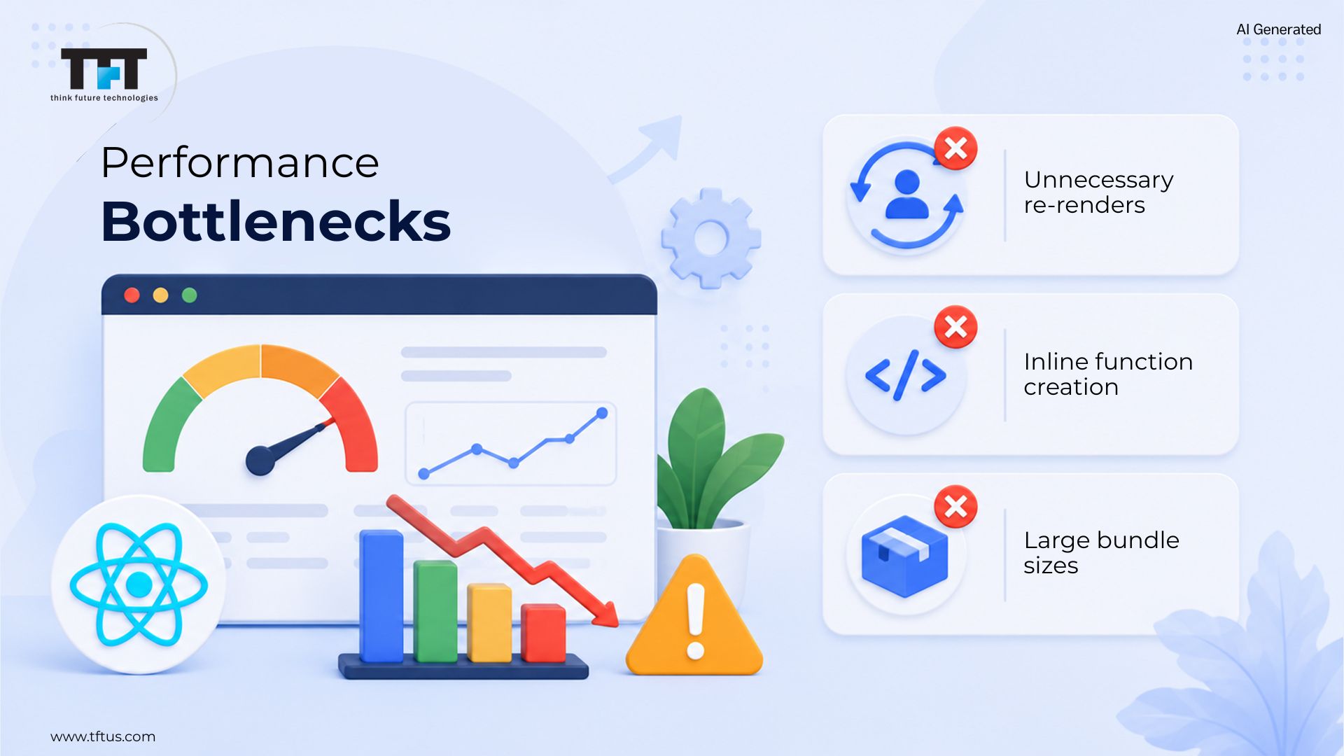 Infographic explaining common ReactJS performance bottlenecks, including unnecessary re-renders, inline function creation, and large bundle sizes that impact application speed.
