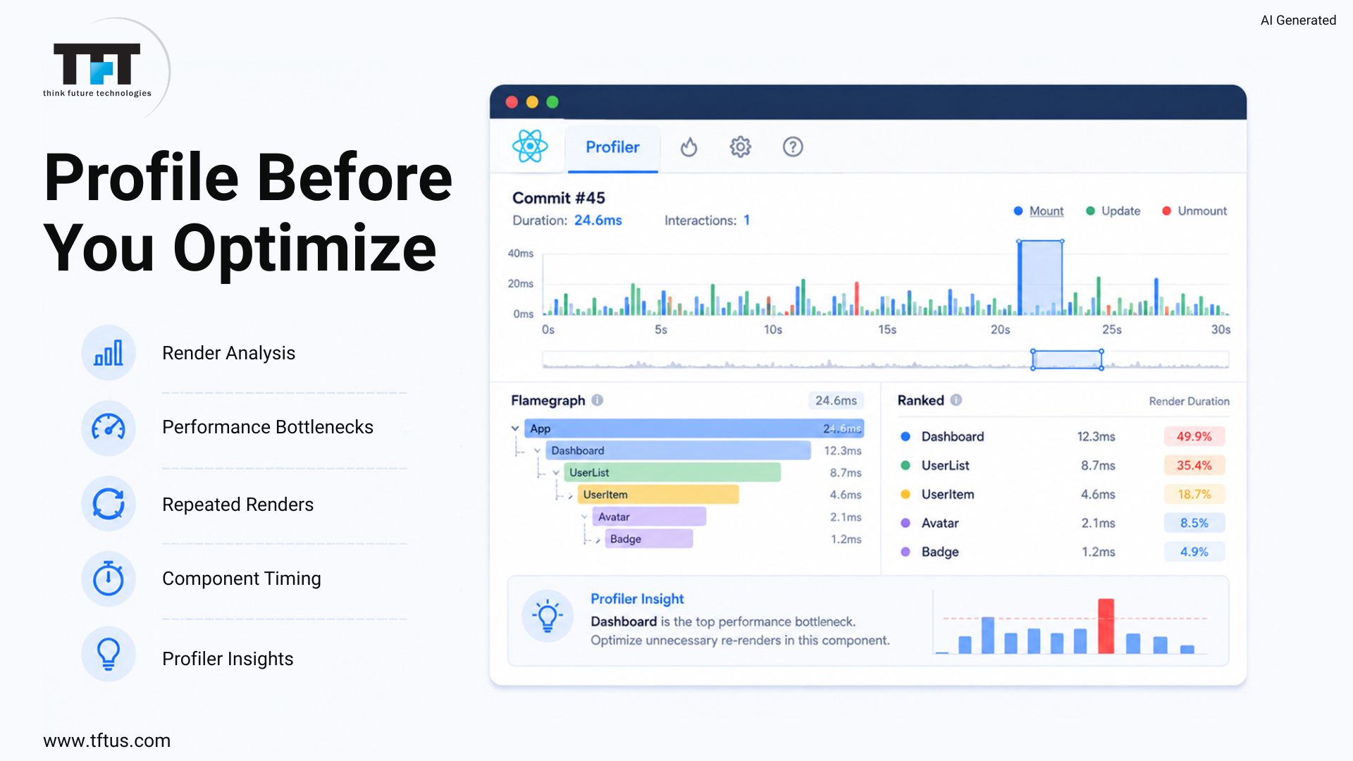 A React Profiler dashboard displaying component render performance data, including a multi-level flamegraph and ranked render duration bar chart, pointing out a specific component as a bottleneck.
