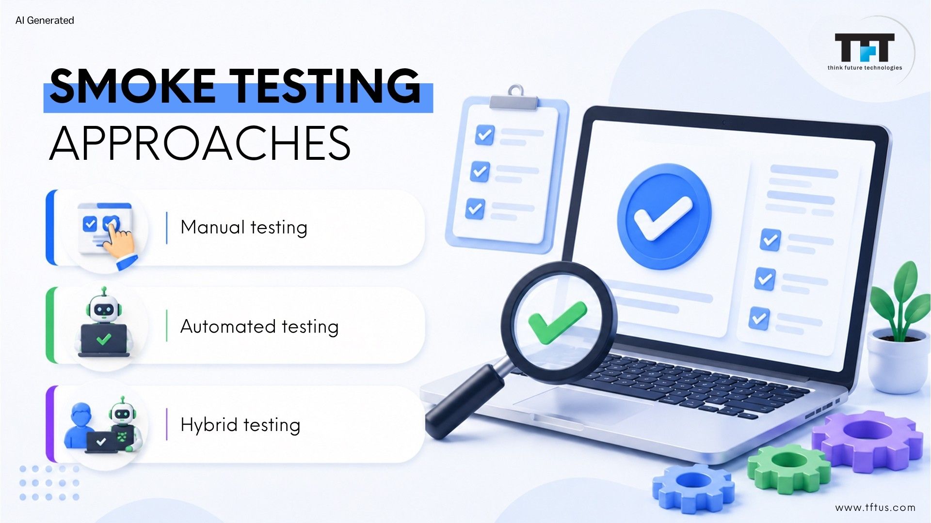 What Is a Smoke Test in Software? Definition, Purpose & Examples 5 Infographic titled "Smoke Testing Approaches" listing three methods: Manual testing, Automated testing, and Hybrid testing, alongside 3D graphics of a laptop, magnifying glass with a checkmark, and a clipboard checklist.