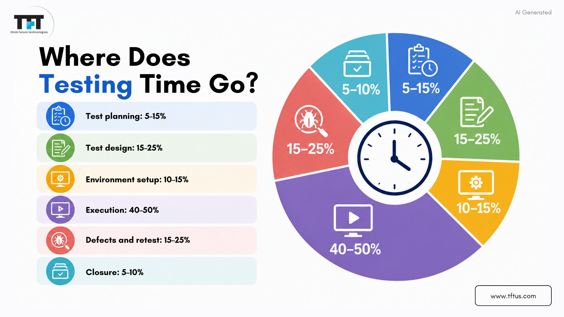 How Long Does Software Testing Take? Factors, Stages & Time Estimates 4 Infographic breaking down how software testing time is distributed across planning, test design, environment setup, execution, defect fixing, retesting, and project closure.