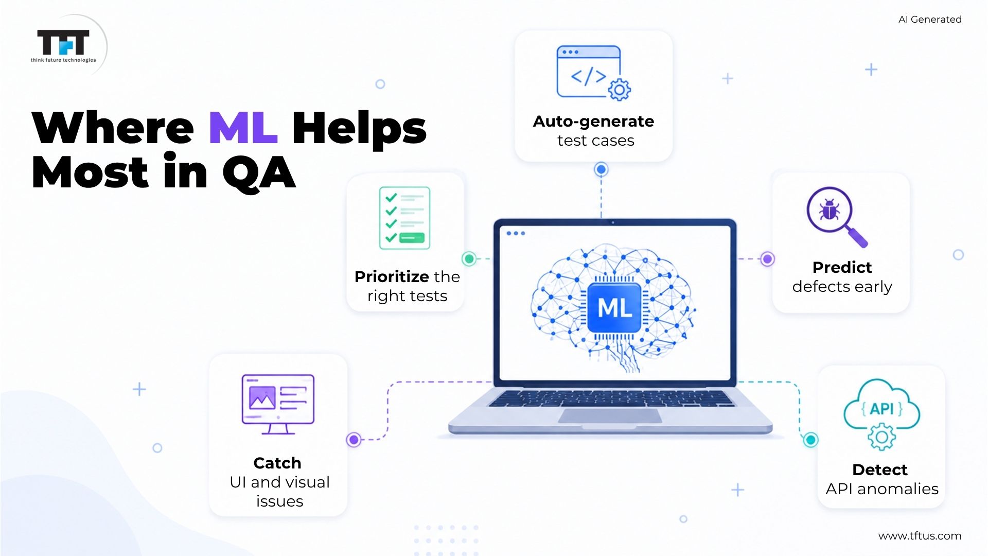 How Machine Learning Can Be Used in Software Testing: Benefits & Use Cases 5 Infographic highlighting the main types of security testing, including SAST and DAST, vulnerability scanning, penetration testing, ethical hacking, mobile security testing, software composition analysis, and runtime application self-protection.