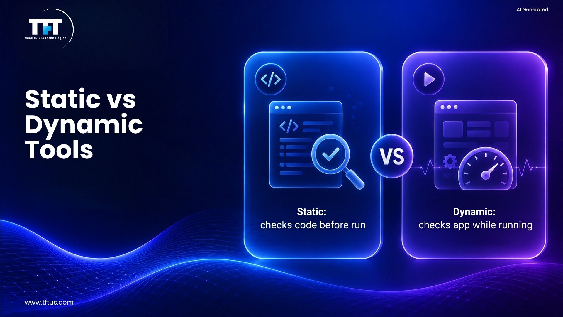How Many Software Testing Tools Are Available? Complete List & Overview 5 Illustration comparing static and dynamic software testing tools, showing code analysis before execution versus application testing during runtime.