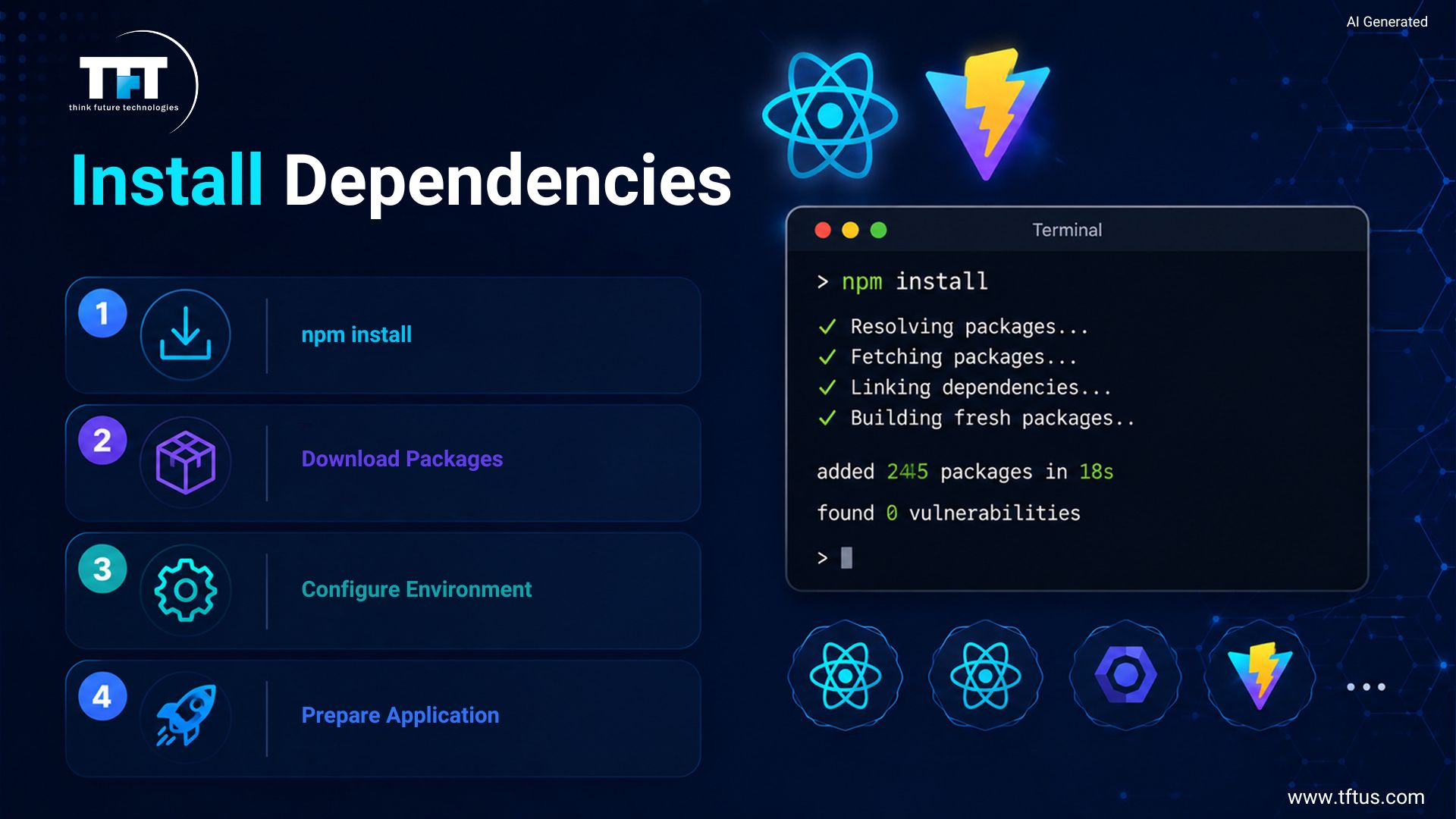 An instructional installation timeline graphic titled "Install Dependencies" mapping out the sequence of running the npm install command inside a terminal window to fetch code packages.