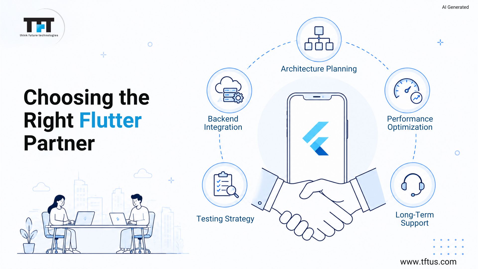 Best Flutter Development Companies: Top Agencies for High-Performance Mobile Apps 4 Illustration representing how to choose the right Flutter development partner, featuring a handshake beneath the Flutter logo and key considerations such as architecture planning, backend integration, testing strategy, performance optimization, and long-term support.