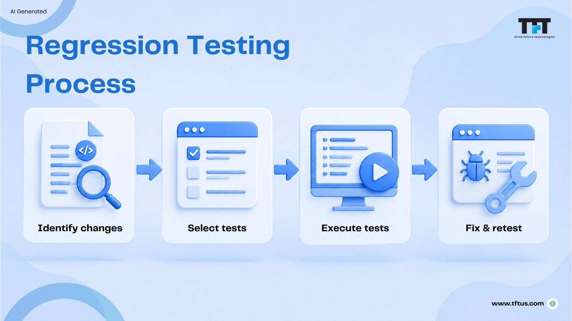 What Is Regression Testing in Software? Definition, Types & Examples 4 Infographic outlining the regression testing process, including identifying code changes, selecting relevant tests, executing them, and fixing and retesting issues.