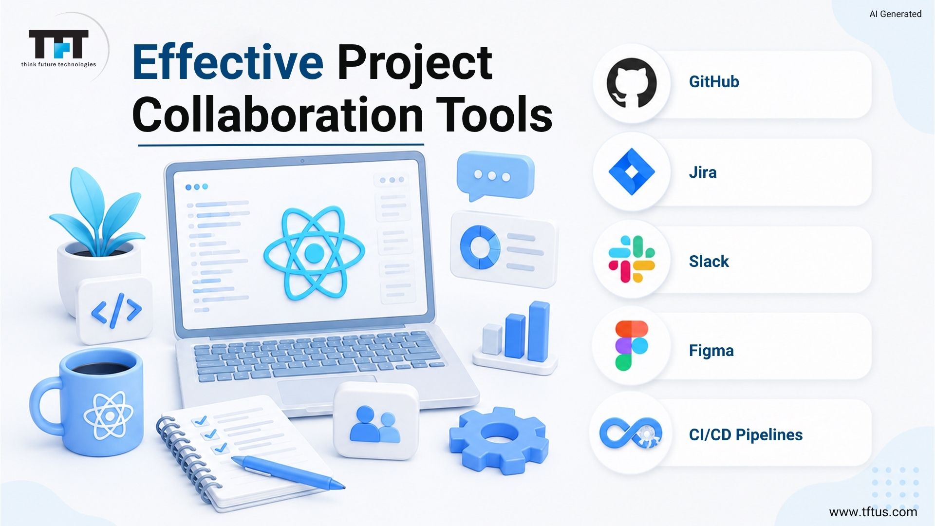 Essential collaboration tools for ReactJS development including GitHub, Jira, Slack, Figma, and CI/CD pipelines for efficient team workflows