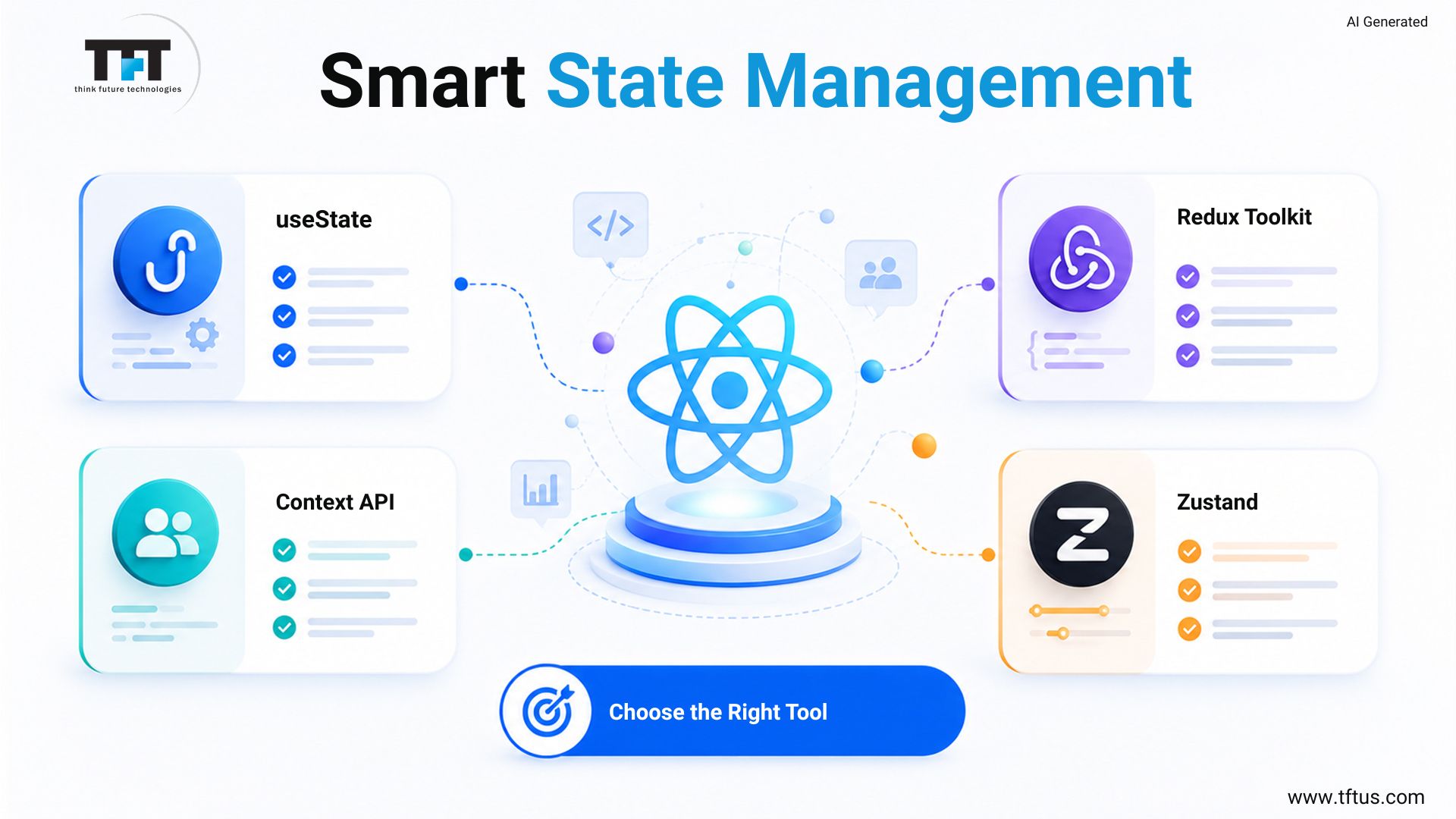 Comparison of React state management tools: useState, Context API, Redux Toolkit, and Zustand
