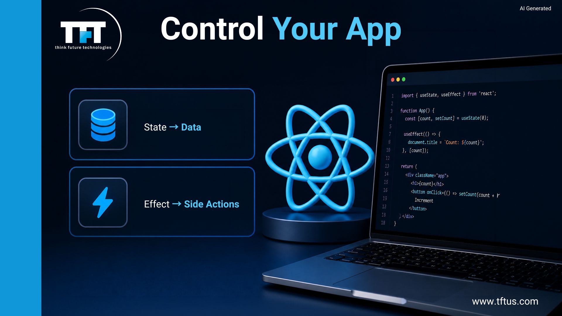Using useState and useEffect to control React applications through state management, data updates, and side-effect handling in functional components