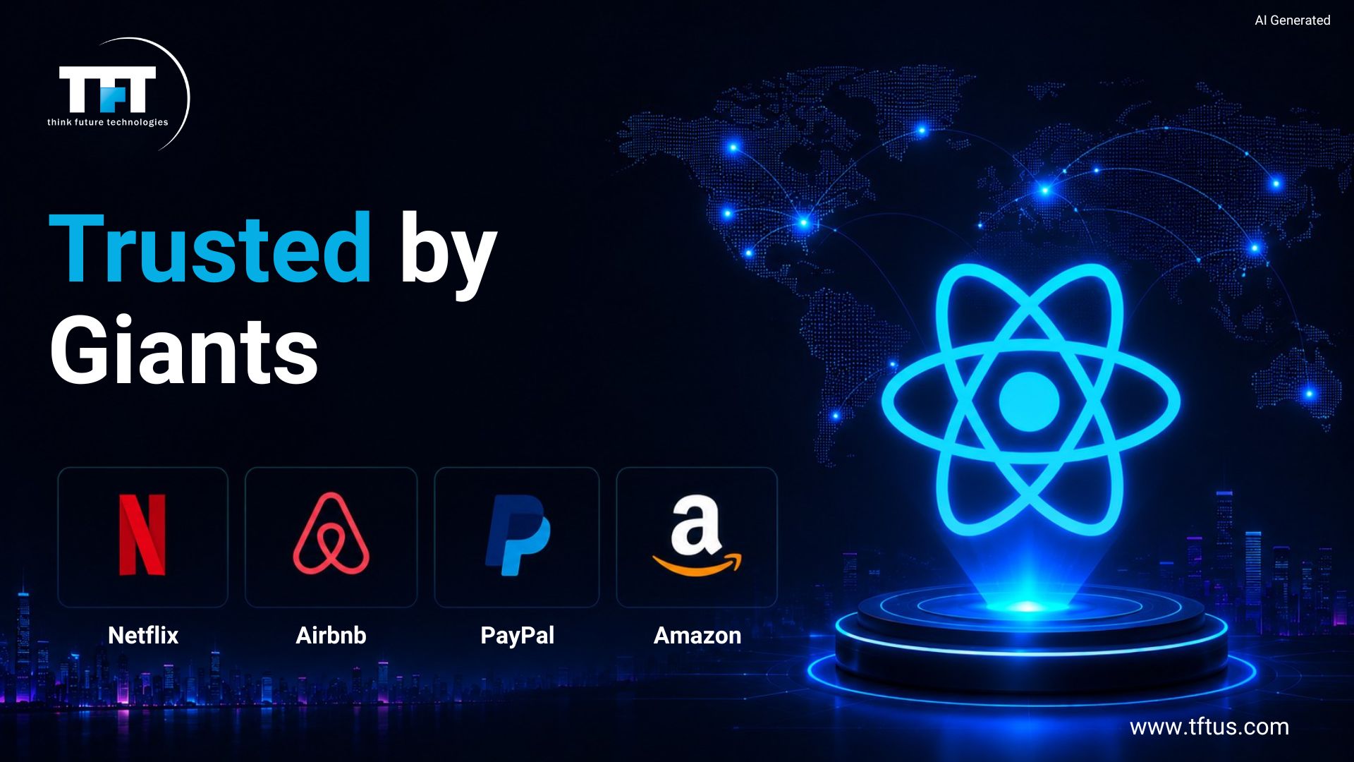 Major companies using ReactJS including Netflix, Airbnb, PayPal, and Amazon, demonstrating enterprise adoption of the React ecosystem