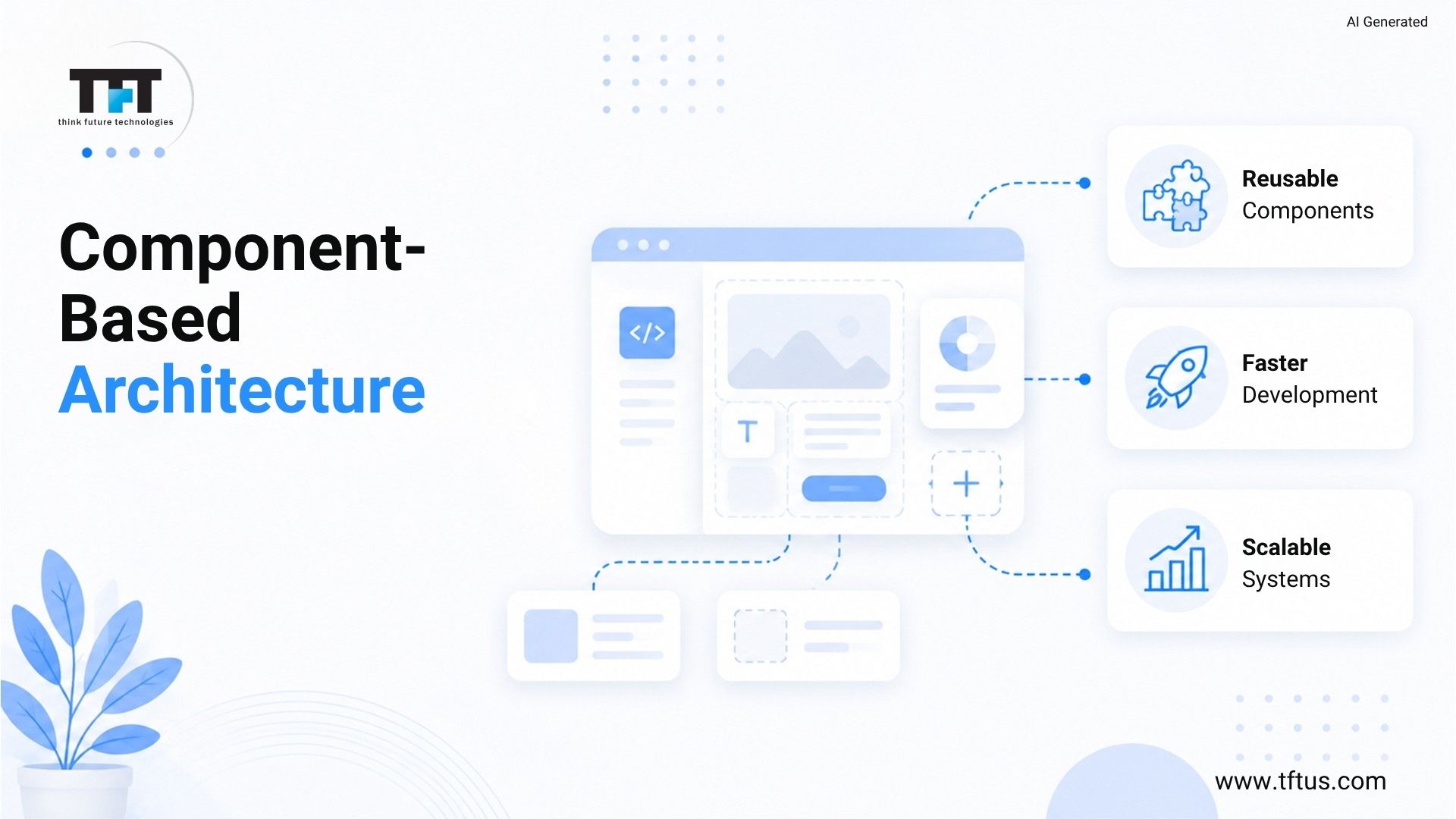Top ReactJS Development Companies: Best Agencies for Modern Web Development 4 Illustration explaining React's component-based architecture with reusable UI modules connected to a central application interface. The graphic demonstrates how reusable components accelerate development, simplify maintenance, and improve scalability.