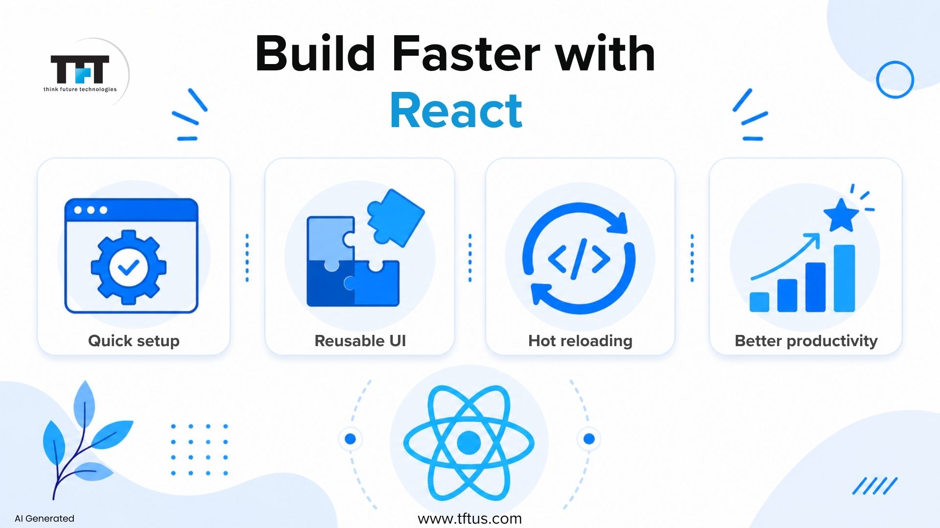 Infographic illustrating how React accelerates development with quick setup, reusable UI components, hot reloading, and improved developer productivity.