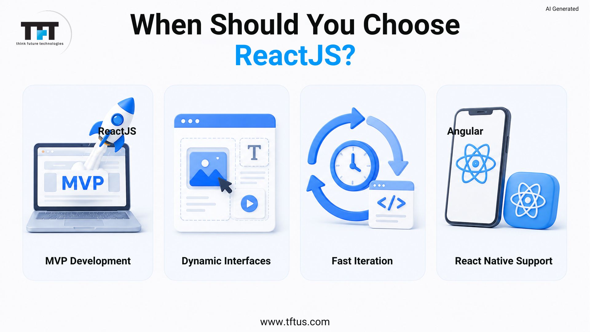 What Is the Difference Between AngularJS and ReactJS: Complete Comparison 5 An infographic titled When Should You Choose ReactJS? by think future technologies. It highlights four optimal scenarios using 3D icons: MVP Development, Dynamic Interfaces, Fast Iteration, and React Native Support.