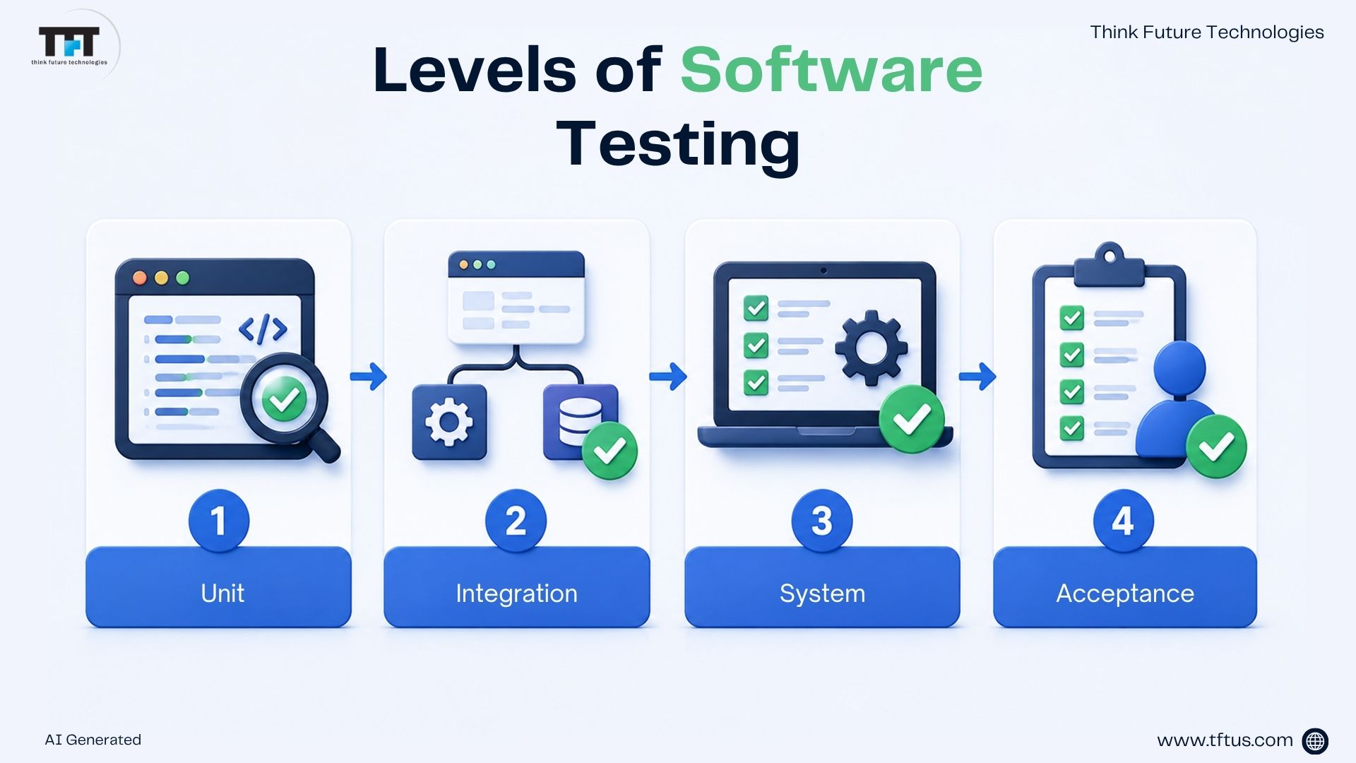 What Is Software Testing? Definition, Types & Importance Explained 5 Infographic illustrating the four levels of software testing: Unit Testing, Integration Testing, System Testing, and Acceptance Testing.