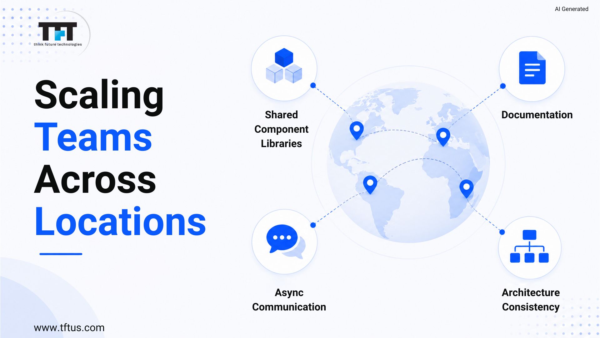 TFT Think Future Technologies graphic about scaling React teams across locations with shared component libraries, documentation, async communication, and architecture consistency connected to a global map