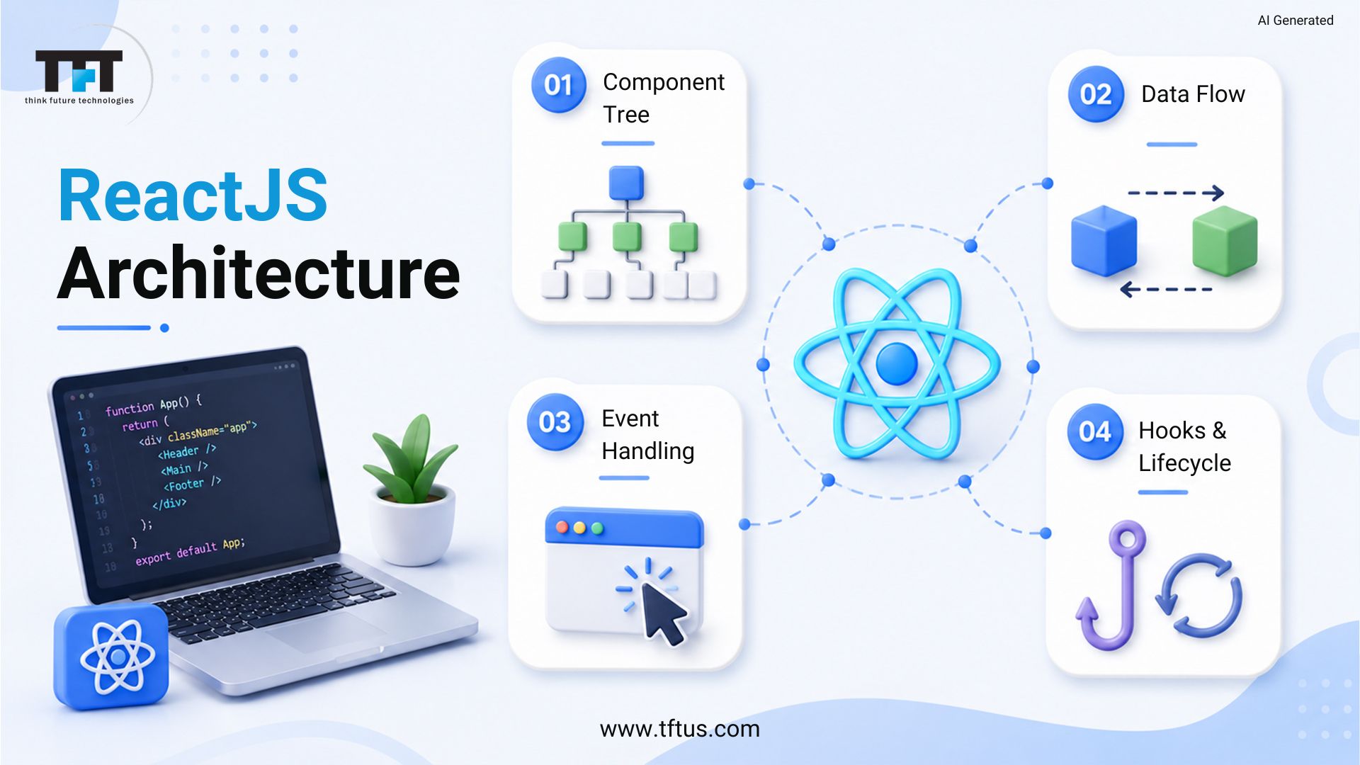 TFT Think Future Technologies infographic on ReactJS architecture featuring the component tree, data flow, event handling, and hooks and lifecycle connected to the React logo