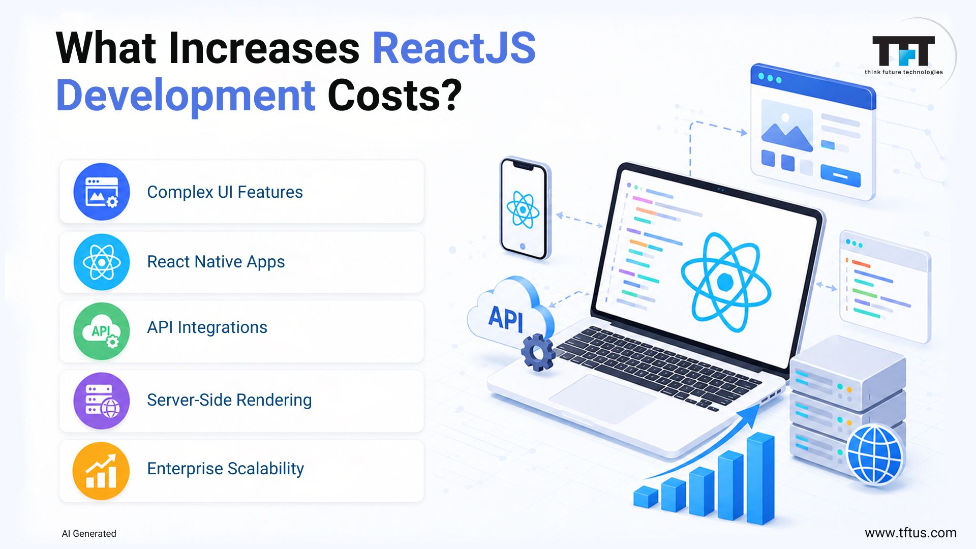 Factors that increase ReactJS development costs, including complex UI features, React Native apps, API integrations, server-side rendering, and enterprise scalability
