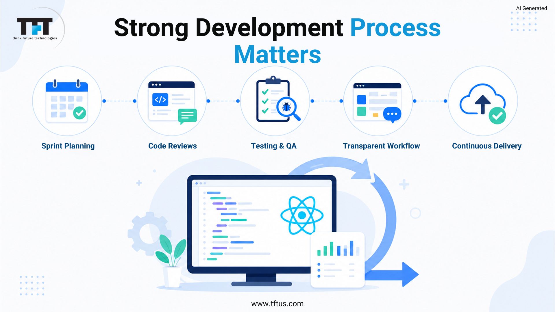 ReactJS development workflow featuring sprint planning, code reviews, testing and quality assurance, transparent project management, and continuous delivery