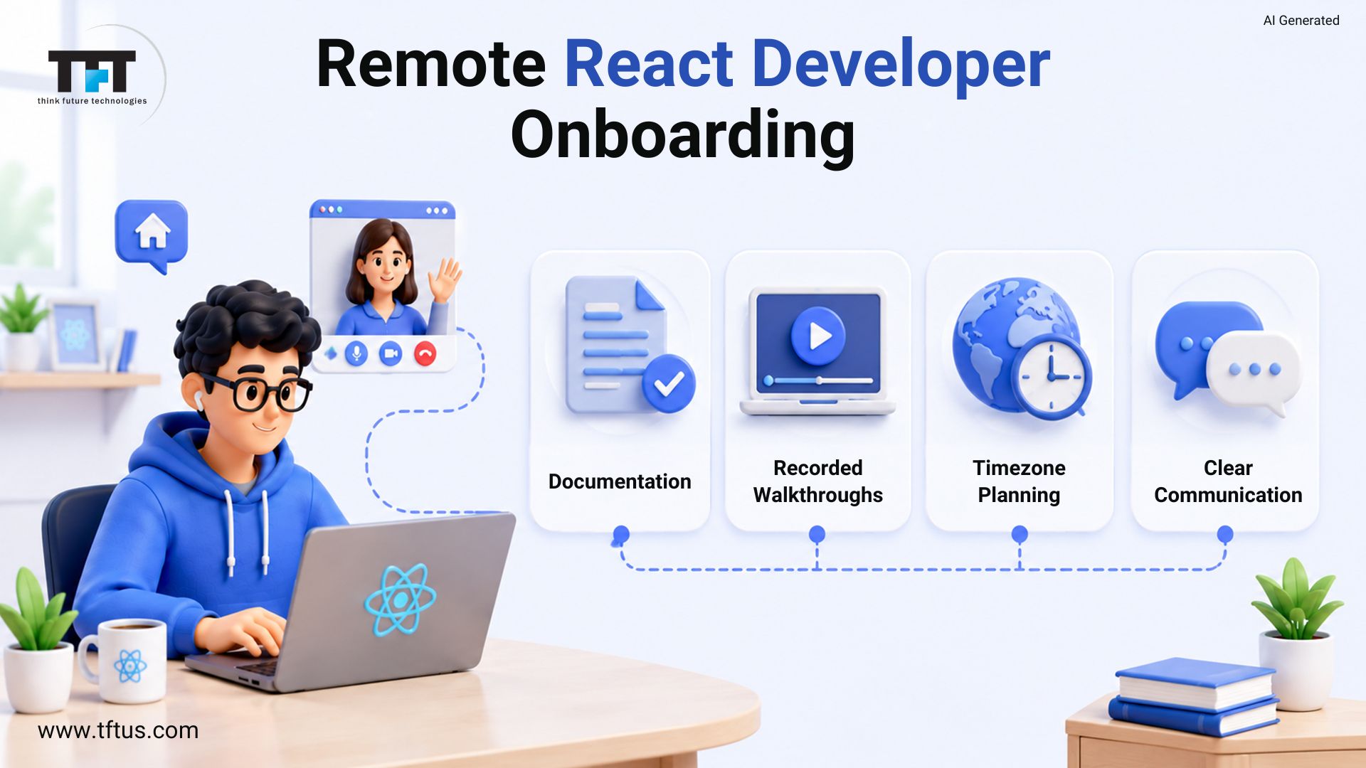 An infographic titled Remote React Developer Onboarding by think future technologies. A 3D cartoon developer works on a laptop while in a video call with a colleague, connected to a list of four key remote strategies: Documentation, Recorded Walkthroughs, Timezone Planning, and Clear Communication.