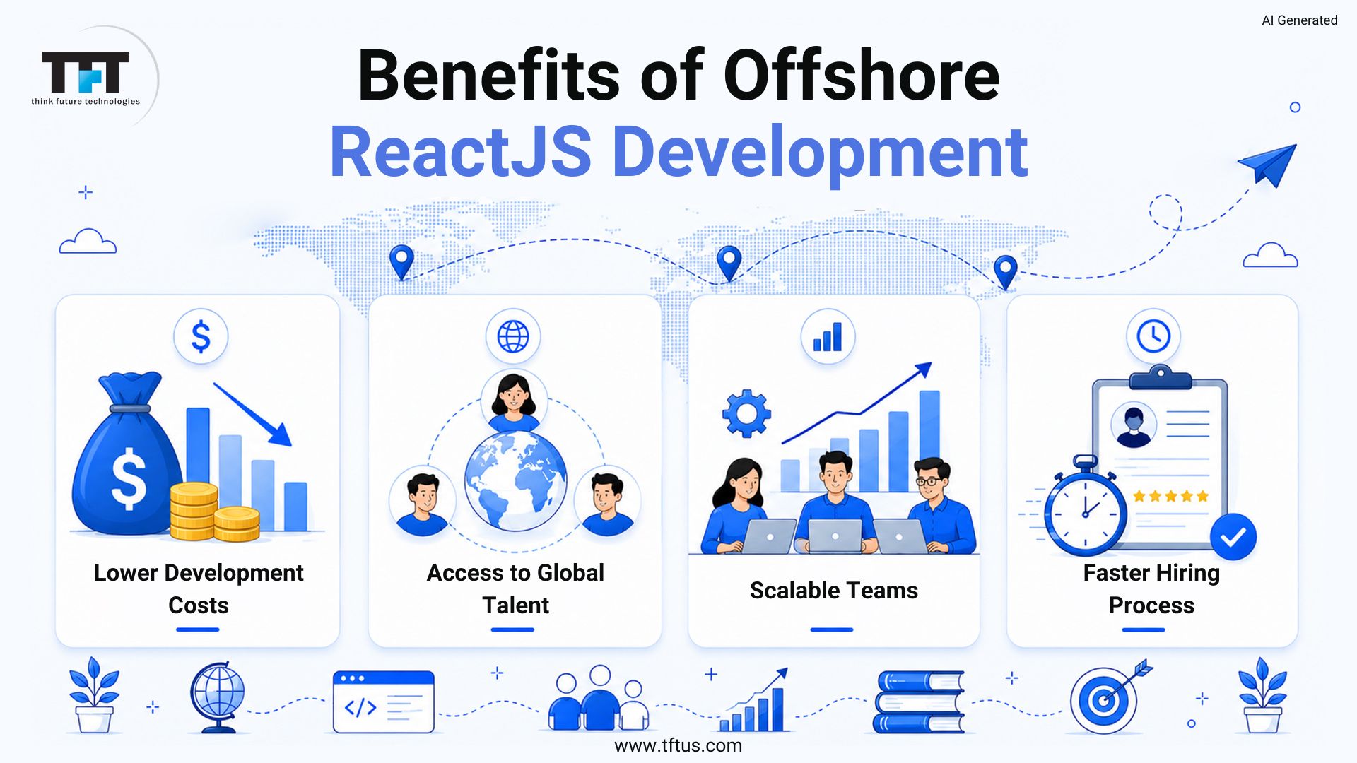 Benefits of offshore ReactJS development, including lower costs, access to global talent, scalable teams, and faster hiring