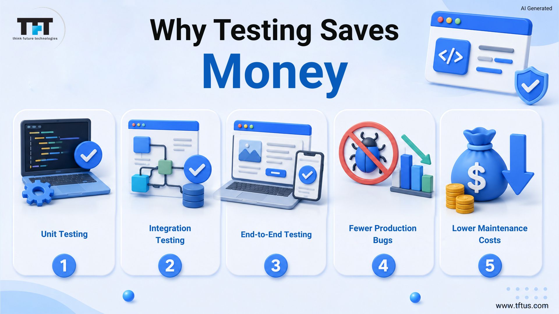 ReactJS testing strategy featuring unit testing, integration testing, end-to-end testing, fewer production bugs, and reduced long-term maintenance costs