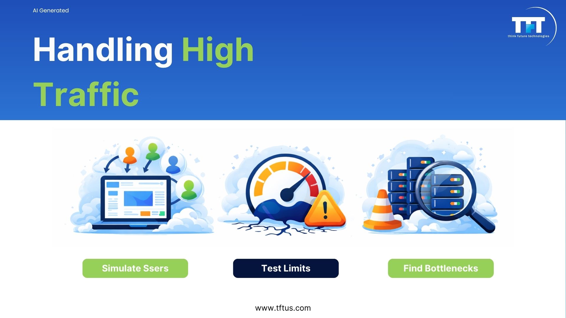 Performance Testing Of SaaS-Based Application 5 Illustration demonstrating how SaaS applications handle high traffic by simulating users, identifying system limits, and uncovering performance bottlenecks before deployment.