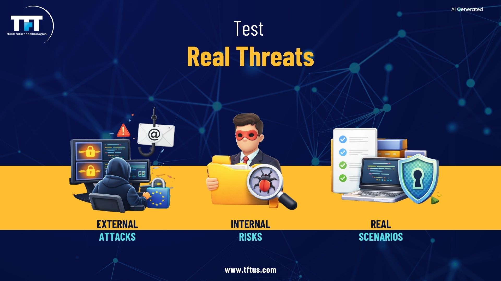 Illustration depicting real-world penetration testing scenarios, including external cyberattacks, insider threats, and realistic security assessments for financial organizations.
