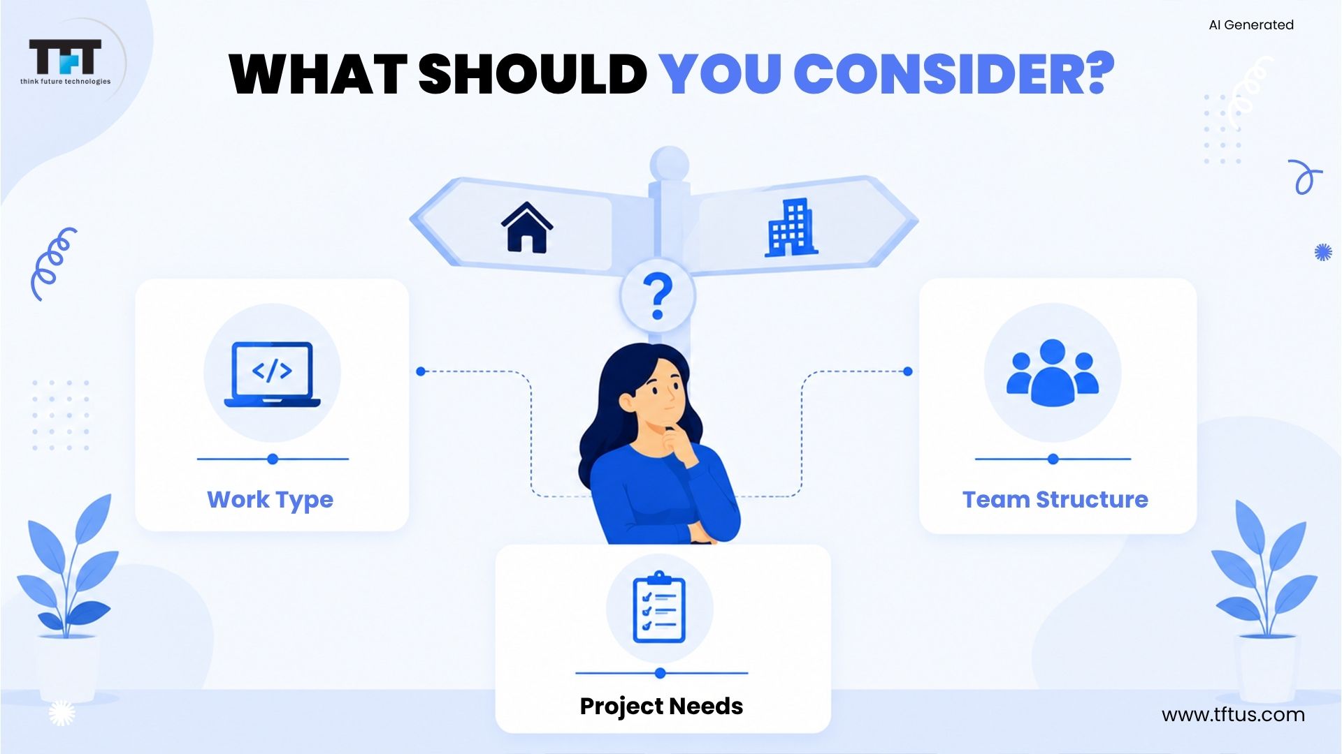 Illustration outlining the key factors to consider when choosing between remote and on-site testing, including work type, project requirements, and team structure.
