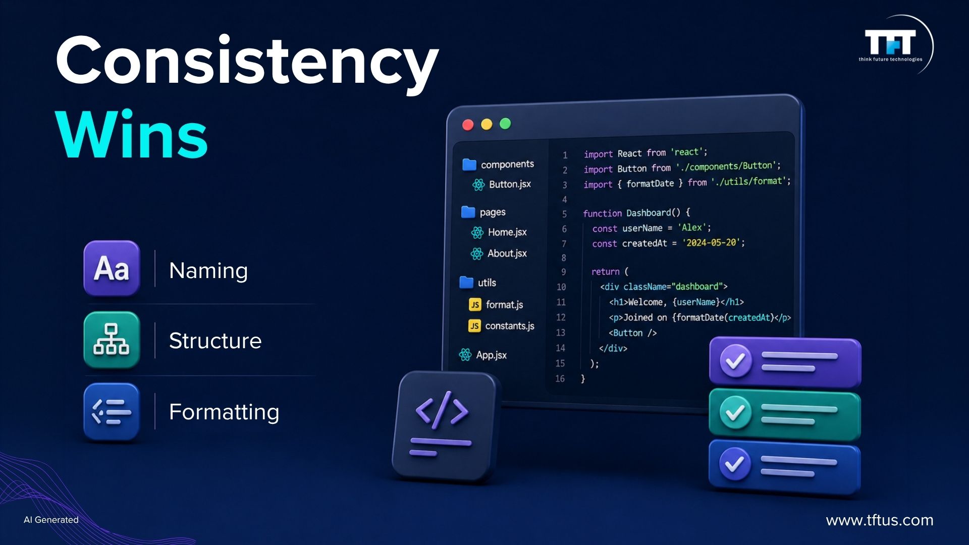Illustration emphasizing consistent React coding standards through organized project structure, meaningful naming conventions, and standardized code formatting.
