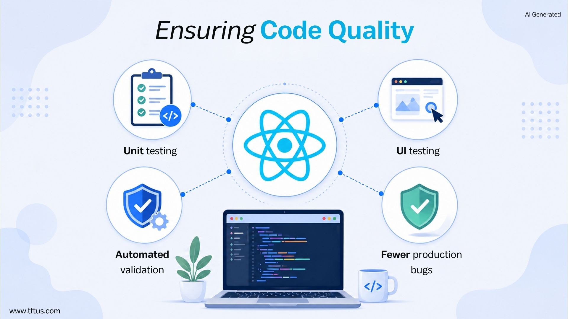 Illustration highlighting React code quality practices, including unit testing, UI testing, automated validation, and reducing production bugs.
