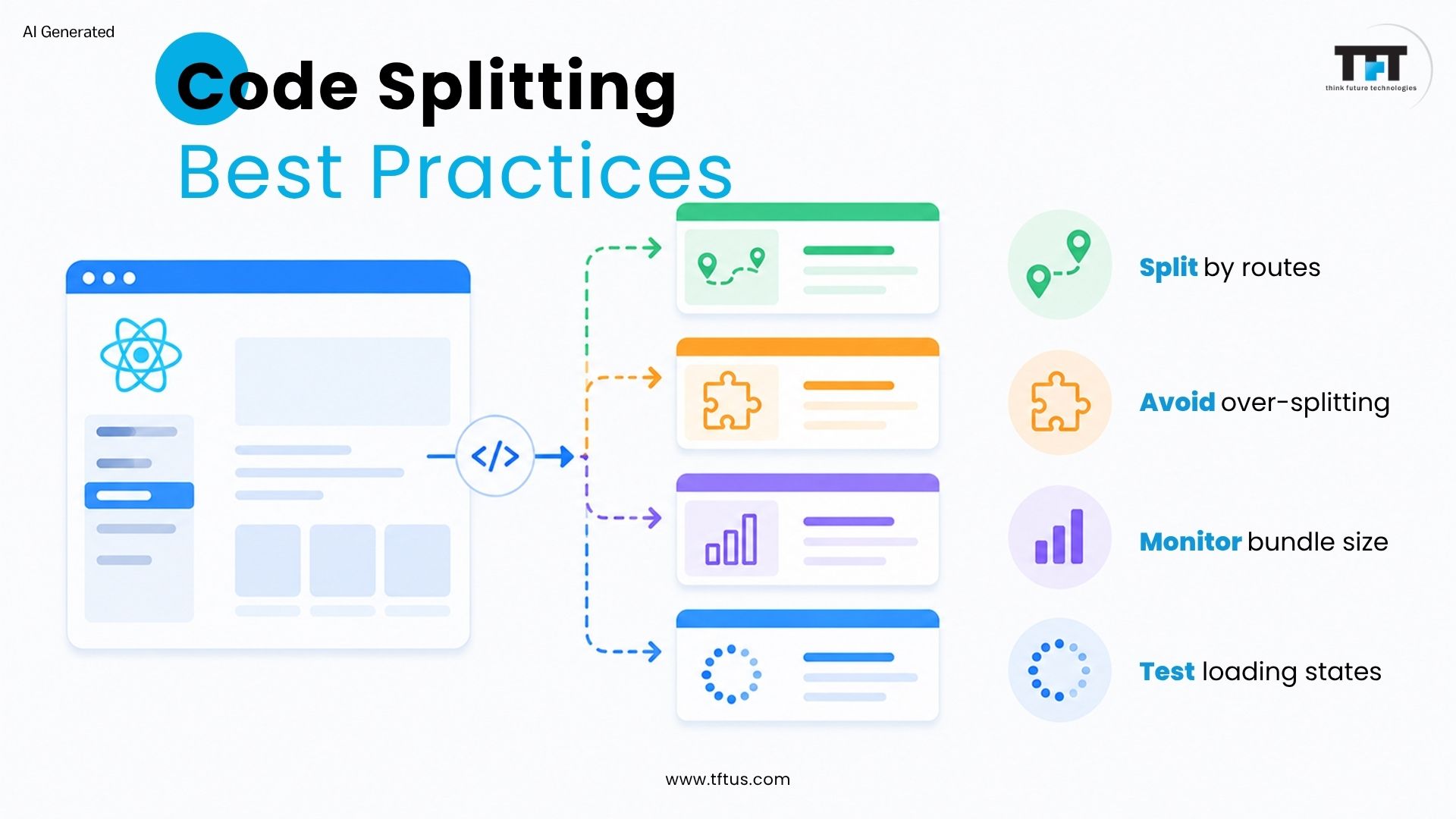 Code Splitting Benefits in ReactJS: Improve Performance & Load Speed 6 Illustration presenting ReactJS code splitting best practices, including route-based splitting, avoiding over-splitting, monitoring bundle size, and testing loading states.