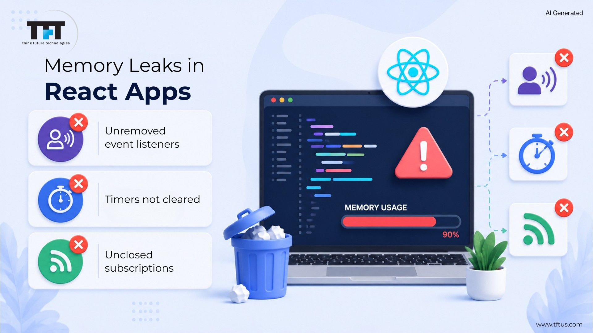 Illustration explaining common memory leaks in React applications, including unremoved event listeners, uncleared timers, and unclosed subscriptions that increase memory usage.
