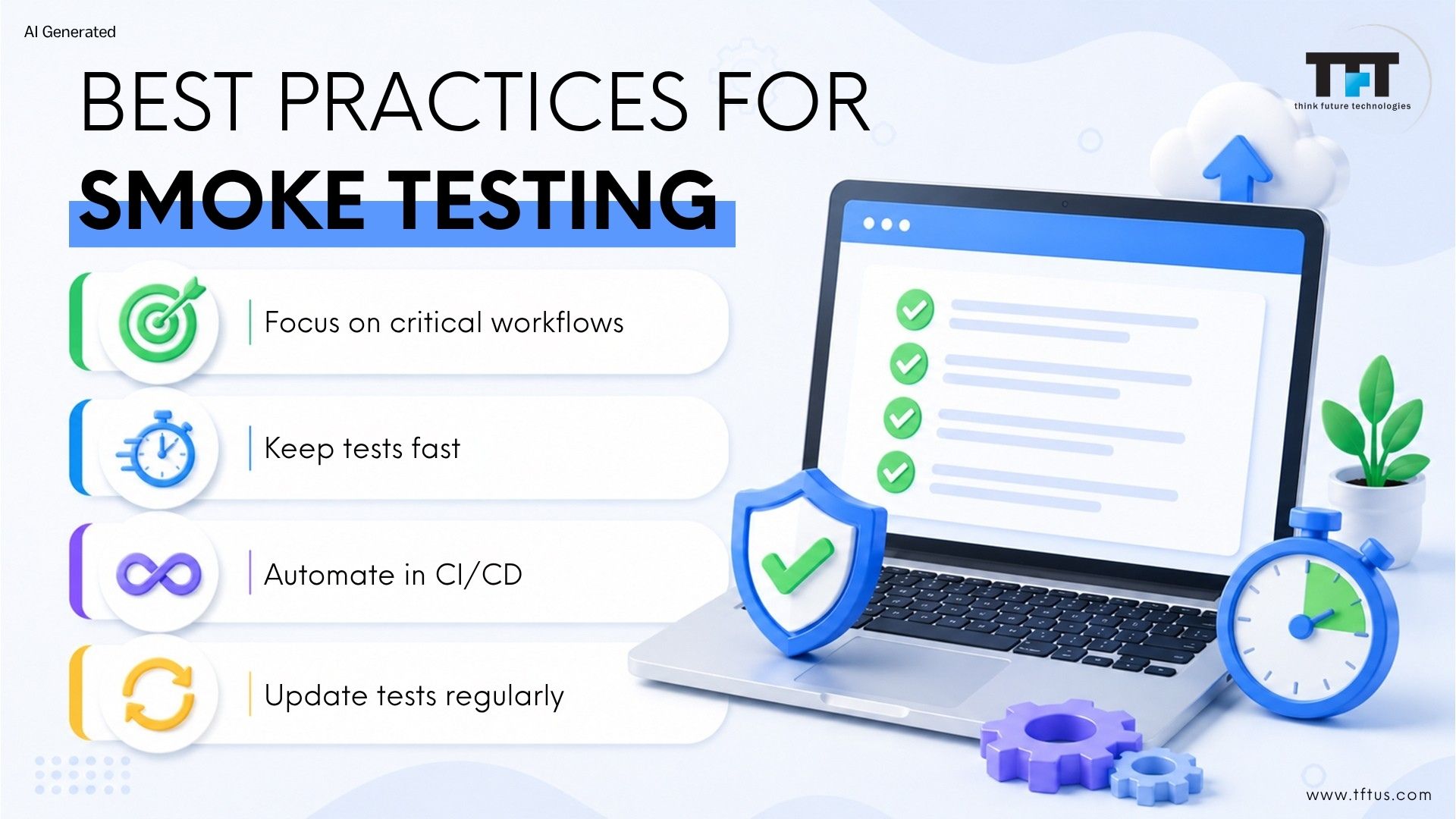 What Is a Smoke Test in Software? Definition, Purpose & Examples 6 Infographic highlighting smoke testing best practices, including focusing on critical workflows, keeping tests fast, automating in CI/CD pipelines, and regularly updating test cases.
