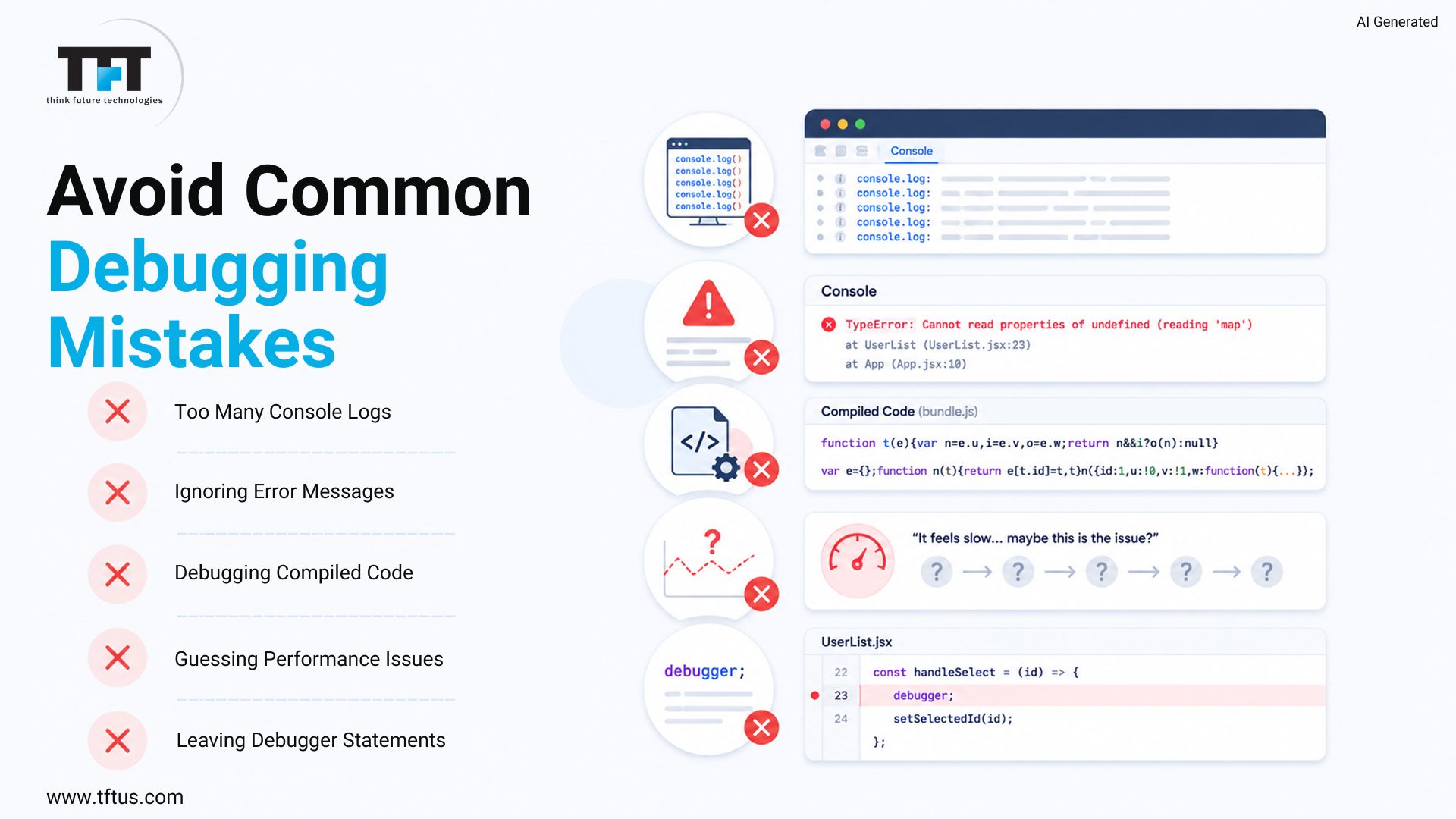 An infographic listing common ReactJS debugging mistakes: too many console logs, ignoring error messages, debugging compiled code, guessing performance issues, and leaving debugger statements.