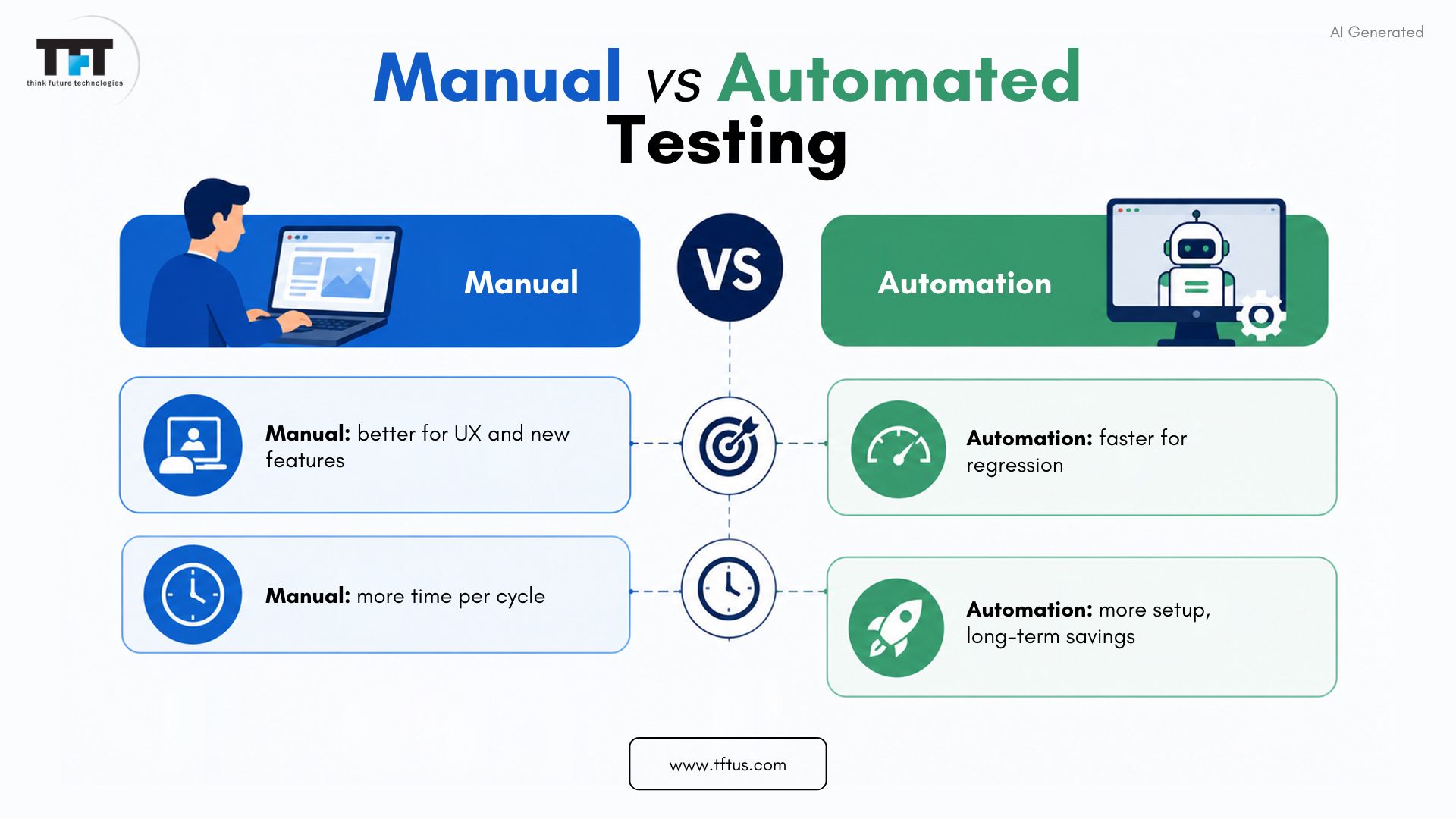 How Long Does Software Testing Take? Factors, Stages & Time Estimates 5 Illustration comparing manual and automated software testing, highlighting differences in execution speed, regression testing efficiency, setup effort, and long-term productivity.