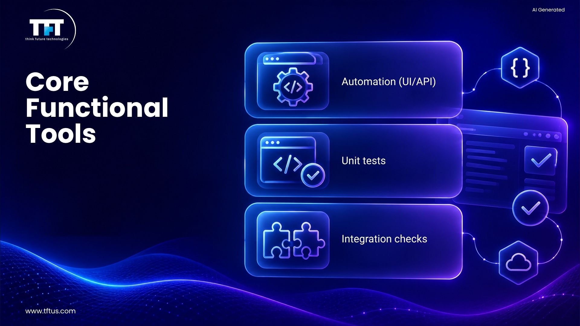 How Many Software Testing Tools Are Available? Complete List & Overview 6 Illustration showing functional testing tools used for UI automation, API testing, unit testing, and integration testing in software development.