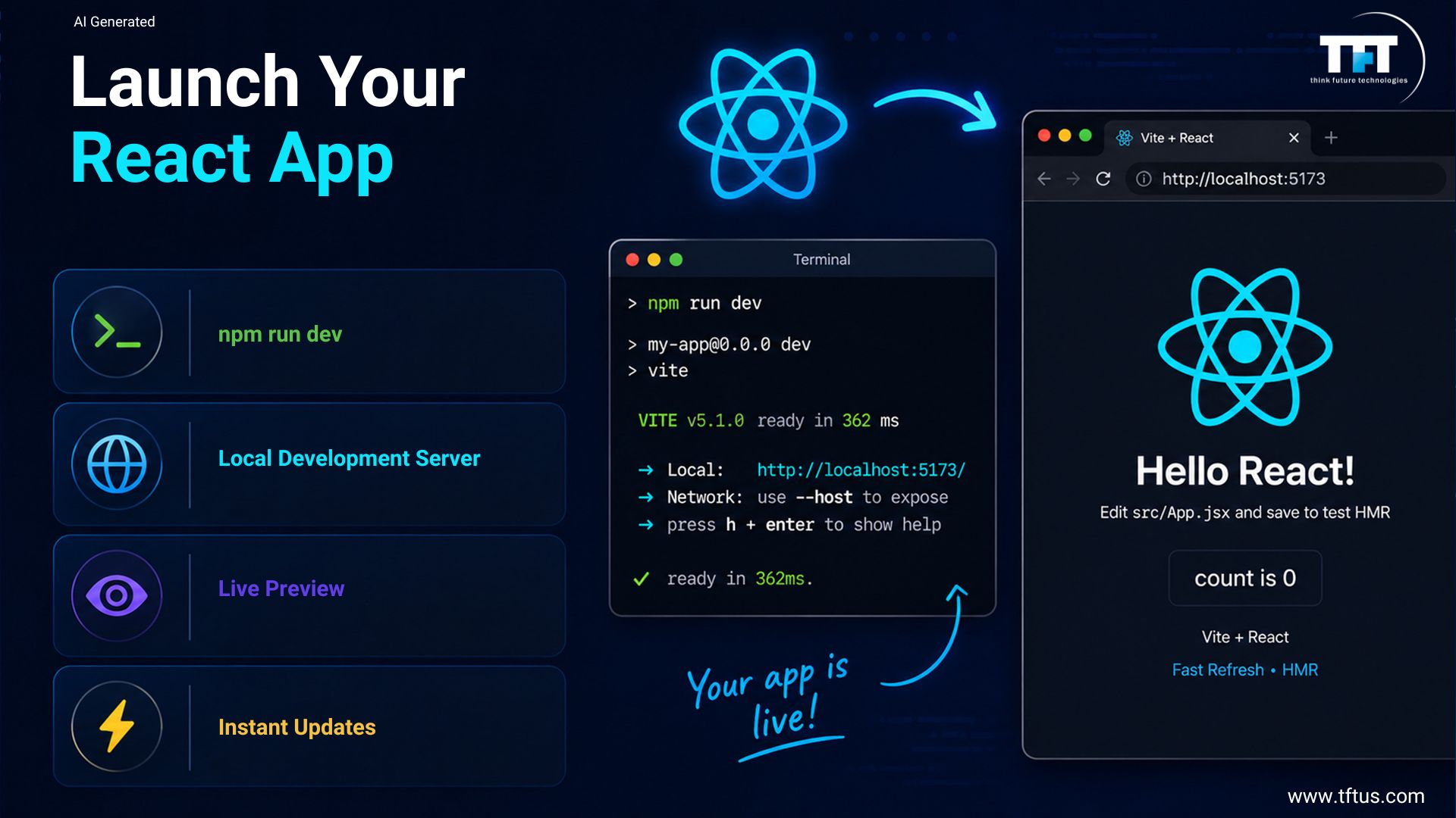A deployment workflow illustration titled "Launch Your React App" demonstrating how running a development server command inside a local terminal displays a live webpage preview.