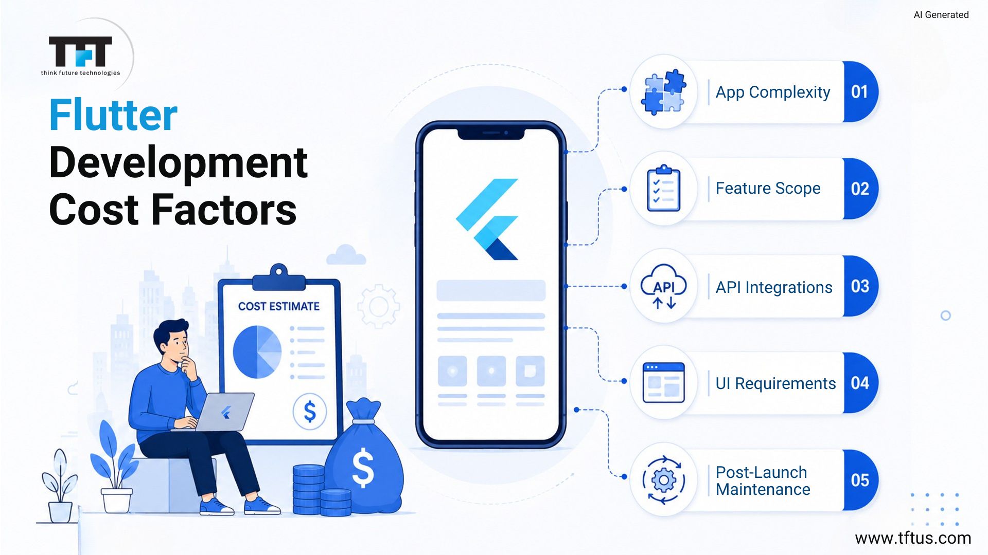 Best Flutter Development Companies: Top Agencies for High-Performance Mobile Apps 12 Graphic explaining the major factors affecting Flutter app development costs, including app complexity, feature scope, API integrations, UI requirements, and post-launch maintenance, with cost estimation visuals alongside a Flutter-powered mobile app.