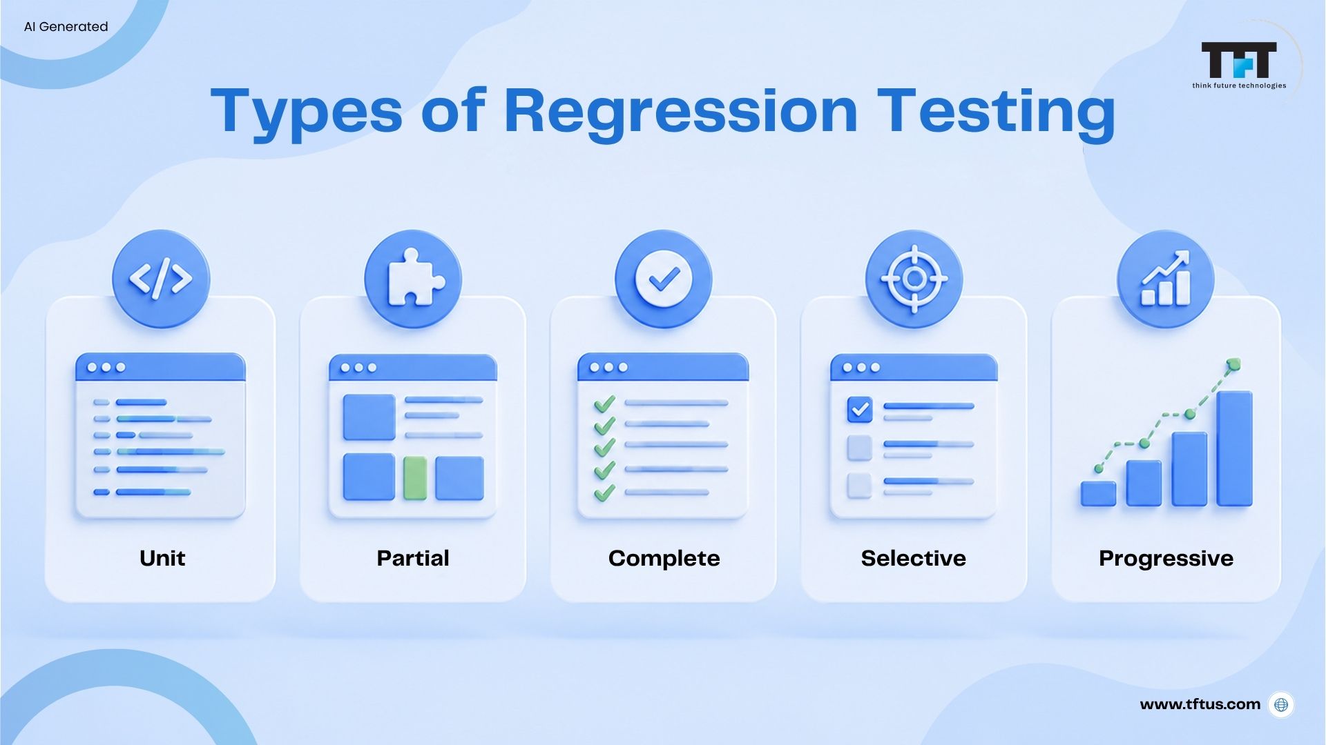 What Is Regression Testing in Software? Definition, Types & Examples 5 Illustration showcasing the different types of regression testing: Unit, Partial, Complete, Selective, and Progressive Regression Testing.