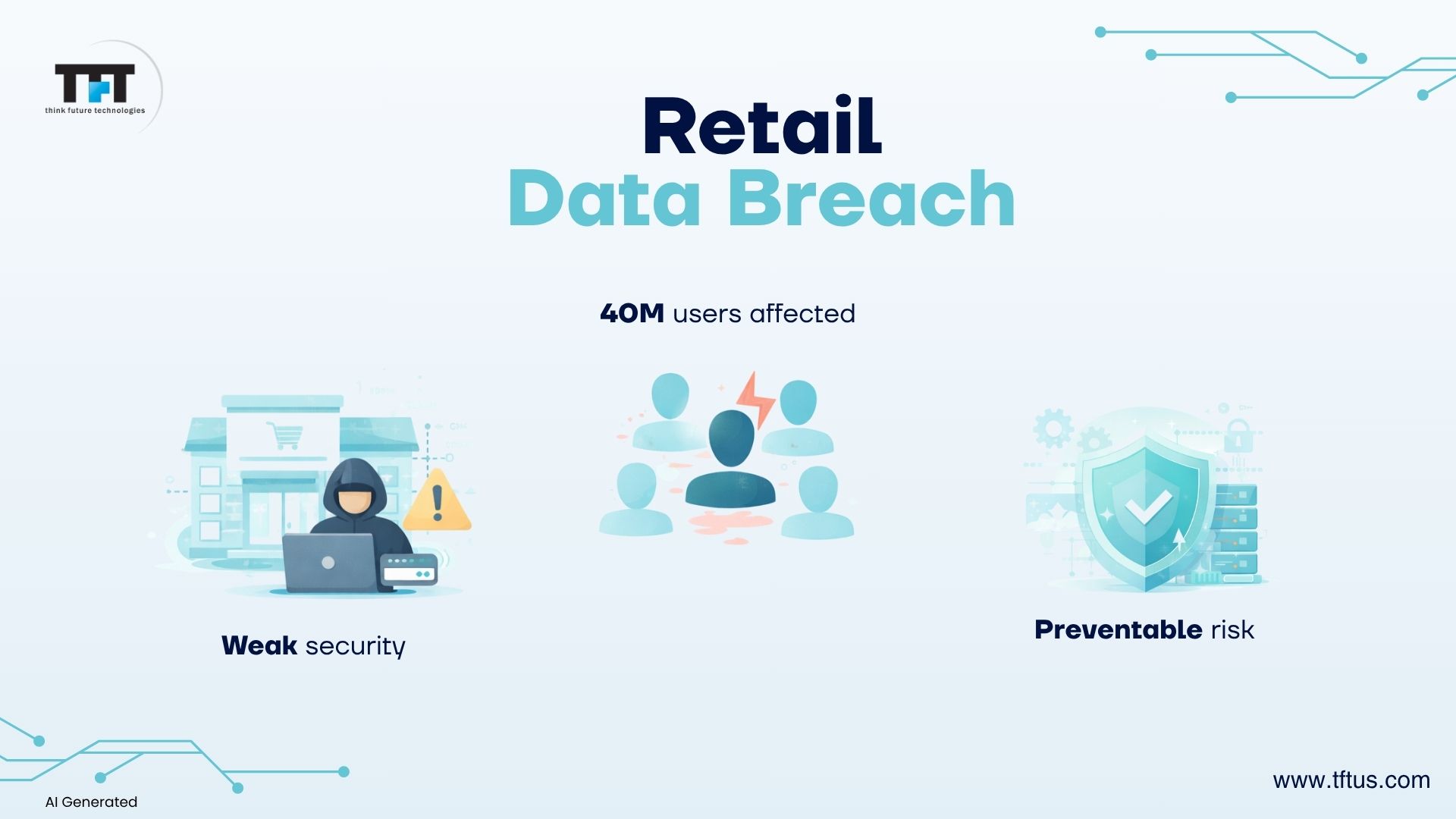 Real-World Examples of Penetration Testing Success Stories: How It Can Save Your Business 5 Illustration highlighting a retail data breach affecting 40 million users, emphasizing weak security practices and how penetration testing could help prevent similar incidents.