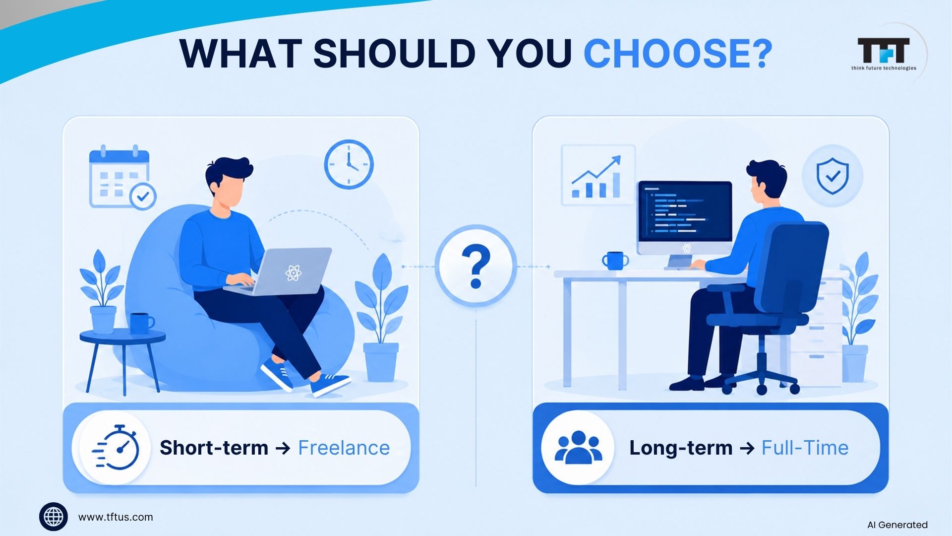 Illustration comparing freelance and full-time hiring options, showing when each model is best suited for short-term projects or long-term development needs.
