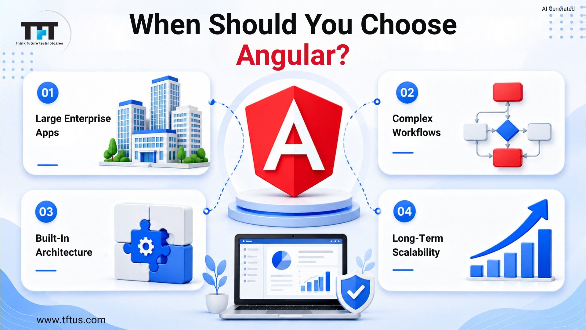 What Is the Difference Between AngularJS and ReactJS: Complete Comparison 6 An infographic titled When Should You Choose Angular? by think future technologies. It frames a central Angular logo with four distinct enterprise-focused use cases: 01 Large Enterprise Apps, 02 Complex Workflows, 03 Built-In Architecture, and 04 Long-Term Scalability.