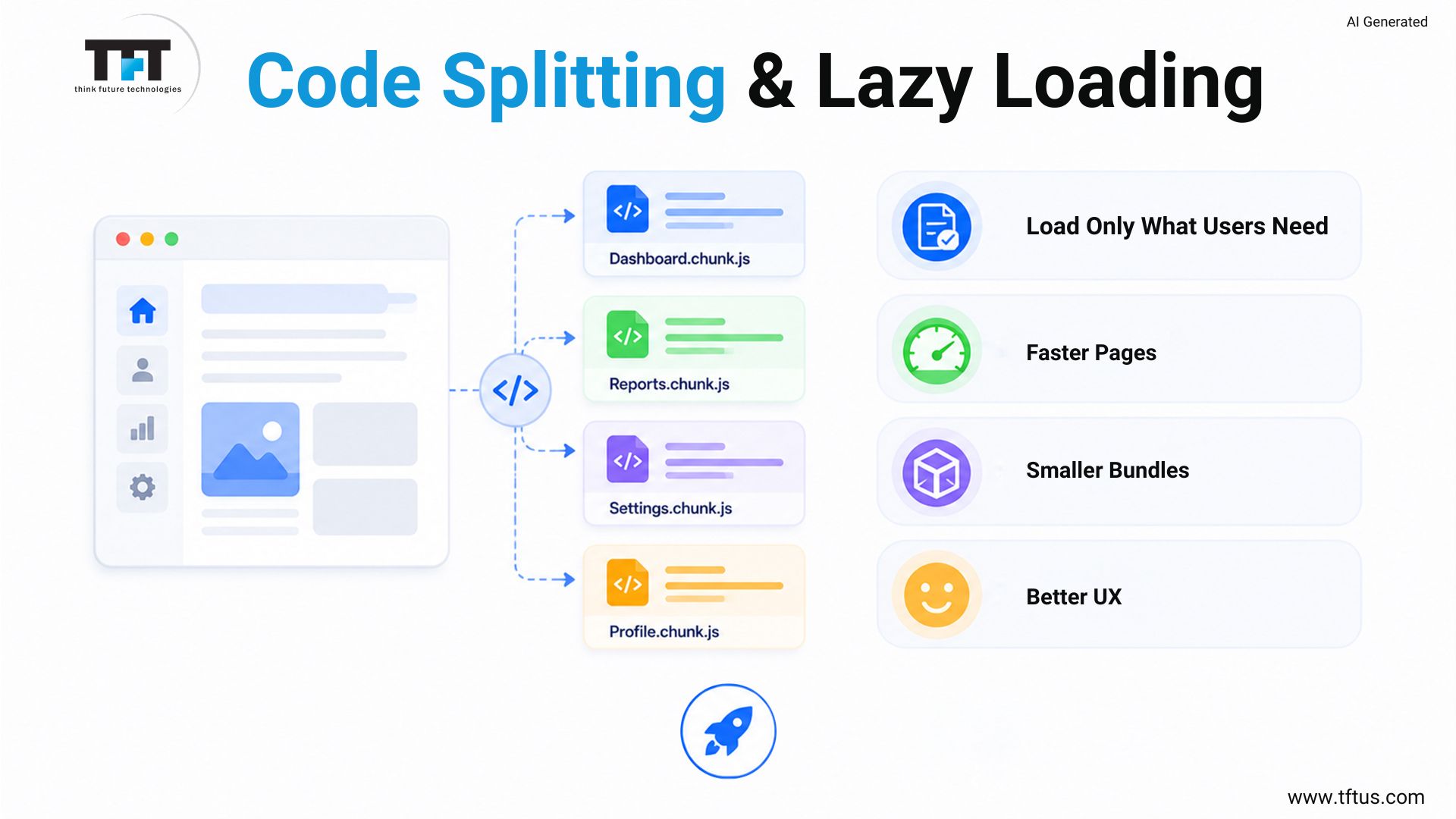 Diagram of code splitting and lazy loading breaking an app into separate chunks for faster pages and smaller bundles
