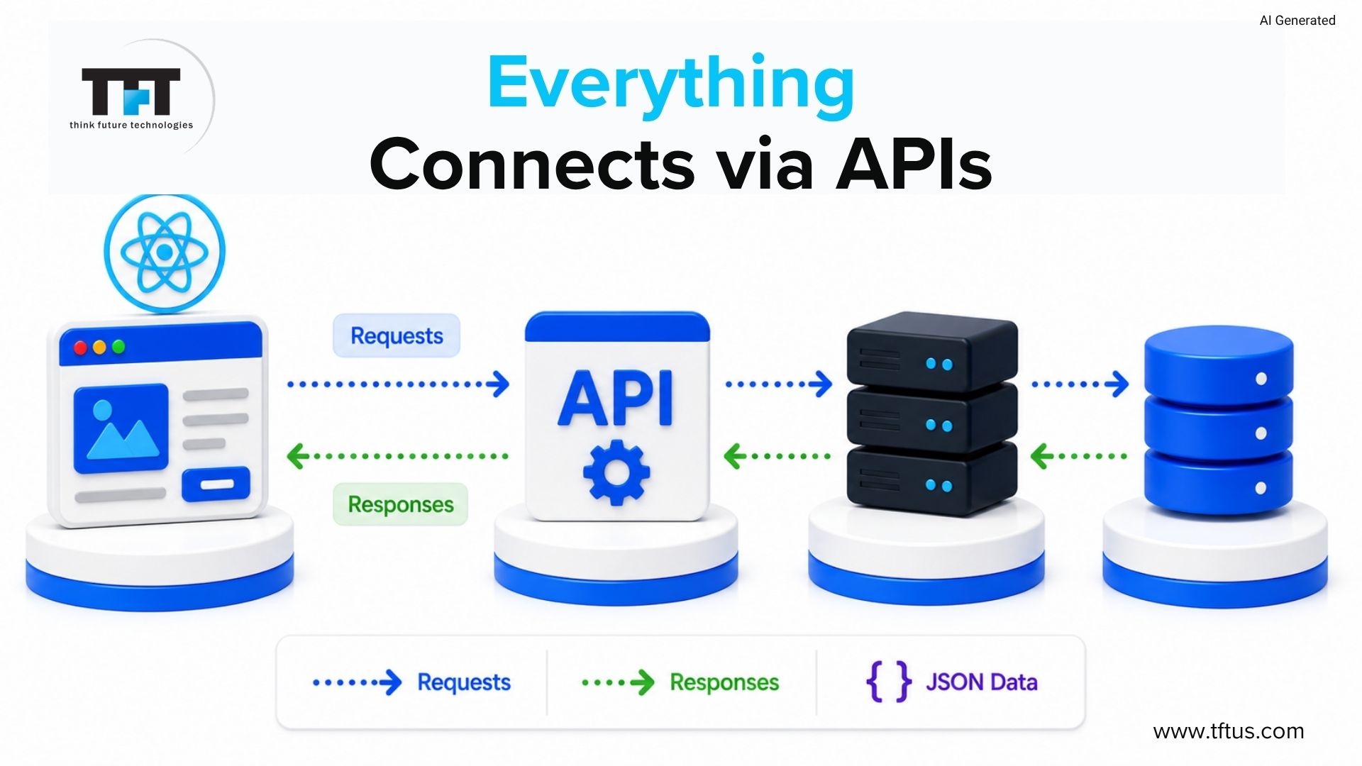 ReactJS API communication workflow illustrating request-response cycles, REST APIs, JSON data exchange, and seamless frontend-backend integration