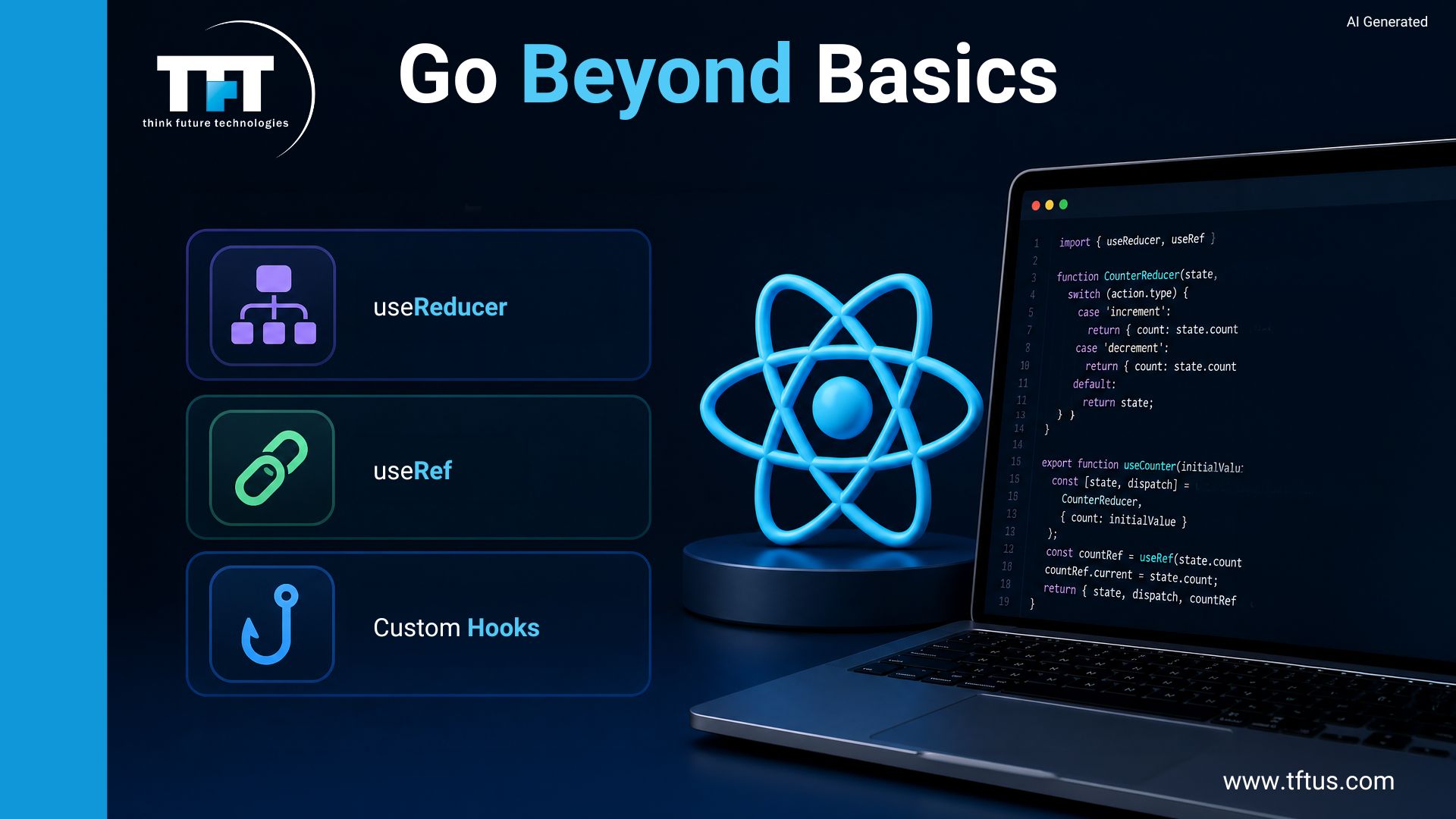 Advanced React Hooks including useReducer, useRef, and custom Hooks for complex state management, DOM access, and reusable application logic