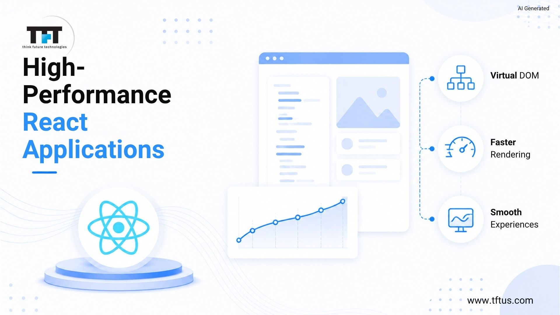 Top ReactJS Development Companies: Best Agencies for Modern Web Development 10 Illustration of a React application optimized for performance using the Virtual DOM, faster rendering techniques, and smooth user experiences. The design represents scalable frontend development for enterprise-grade web applications.