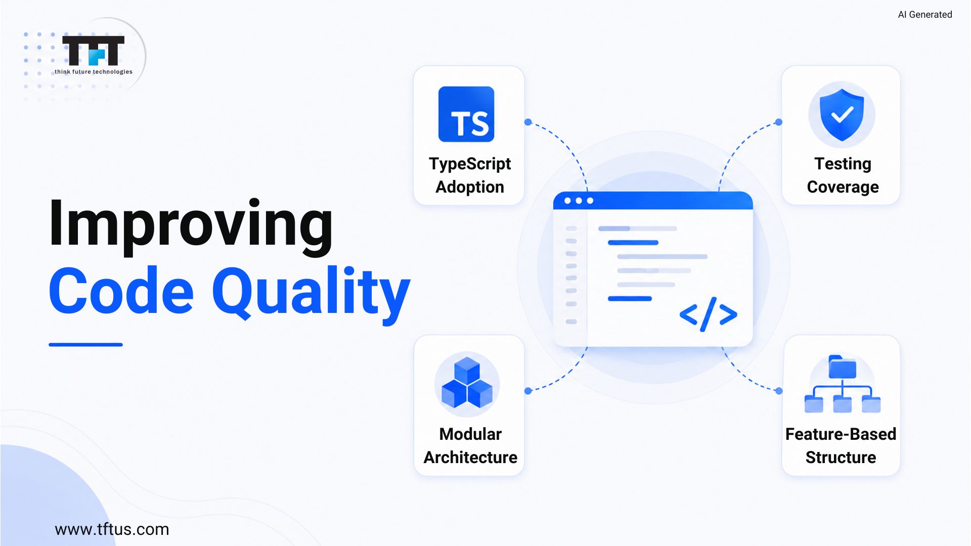 TFT Think Future Technologies infographic on improving React code quality featuring TypeScript adoption, testing coverage, modular architecture, and feature-based structure around a code editor illustration