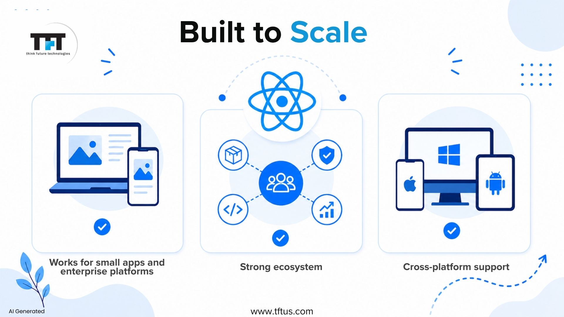 Illustration showcasing ReactJS scalability with support for small applications, enterprise platforms, a strong ecosystem, and cross-platform compatibility.